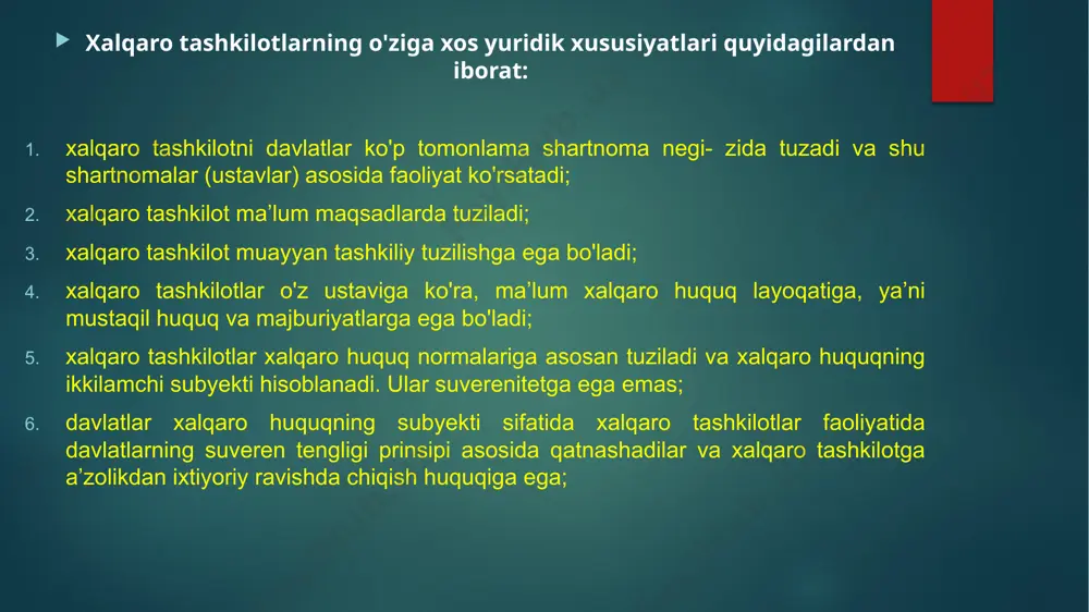 g asosiy bosqichlari muhokama etish, qarorlar qabul qilish va ular ijrosining nazorati bilan shug’ullanishdan iboratdir. shundan kelib chiqib, xalqaro tashkilotlar funksiyalarini qu­yidagi uchta muhim turga ajratish mumkin: tartibga solish; nazorat etish; operativ. xalqaro tashkilotning tartibga solish funksiyasi bugungi kunda o’ta muhim ahamiyatga egadir. u a’zo davlatlarning maqsadlari, prinsiplari, o’zini tutish tartib qoidalarini belgilovchi qarorlar qabul qilishni ko’zda tutadi. xalqaro tashkilotning nazorat etish funksiyasi a’zo davlatlarning qabul qilingan qarorlaiga muvofiq ravishda o’zini tutishi ustidan nazoratni amalga oshirishdir. shu maqsadda xalqaro tashkilotlar tegishli axborotlarni yig’ish va tahlil etish, uni muhokama qilish va tegishli rezolyutsiyalarda bu bo- radagi fikrlarini bayon etish huquqlariga egadir. xalqaro tashkilotning operativ funksiyasi o'z vositalari ko'magida belgilangan maqsadlariga erishishidan iboratdir. ko'pchilik hollarda xalqaro tashkilot voqelikka suveren a’zo davlatlar orqali ta’sir o'tkazadi. shu bilan birga, asta-sekin to'g'ridan to'g'ri ta’sir etish faoliyatining ahamiyati ham ortib bormoqda. xalqaro tashkilotlar iqtisodiy, ilmiy- texnikaviy va boshqa xil yordamlar bermoqda, maslahat xizmati ko'rsatish bilan shug'ullanmoqda. …