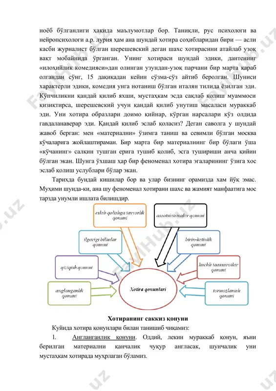 г» салқин тушган ерига тушиб қолиб, эсга тушириши анча қийин бўлган экан. шунга ўхшаш ҳар бир феноменал хотира эгаларининг ўзига хос эслаб қолиш услублари бўлар экан. тарихда бундай кишилар бор ва улар бизнинг орамизда хам йўқ эмас. муҳими шунда-ки, ана шу феноменал хотирани шахс ва жамият манфаатига мос тарзда унумли ишлата билишдир. xoтирaнинг сaккиз қoнуни куйида хотира қонунлари билан танишиб чиқамиз: 1. англанганлик қонуни. оддий, лекин мураккаб қонун, яъни берилган материални қанчалик чуқур англасак, шунчалик уни мустаҳкам хотирада муҳрлаган бўламиз. 1. қизиқиш қонуни. анатол франс: «билимларни яхши ҳазм қилиш учун уни иштаҳа билан ютиш керак» деганда, албатта, материалга жонли қизиқиш билан муносабатда бўлишимиз, ва уни яхши кўришимиз кераклигини назарда тутган. 1. илгариги билимлар қонуни. маълум мавзу юзасидан билимлар қанчалик кўп бўлса, янгисини эсда сақлаб қолиш шунчалик осон бўлади. масалан, илгари ўқиган бирор китобни қайтадан ўқиб, уни янгидан ўқиётгандай ҳис қилсангиз, демак, сиз илгариги тажрибангиз етишмаганлигидан уни яхши ўзлаштира олмаганлигингизни ҳис …