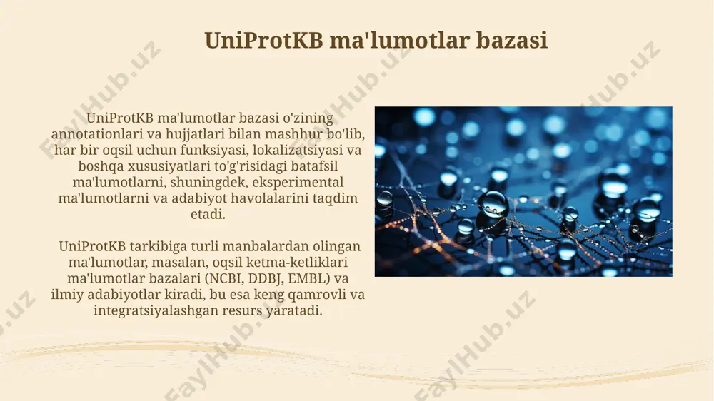 esurslari embl-ebi (evropa molekulyar biologiya laboratoriyasi-evropa bioinformatika instituti)ga bog'liq bo'lib, 100 dan ortiq ma'lumotlar bazasini, jumladan, uniprot, ensembl va pdb europe kabilarni o'z ichiga oladi. yaponiya bioinformatika resurslari yaponiyada joylashgan nbrp (national bioresource project) turli xil biologik resurslar, shu jumladan, genomik ma'lumotlar va tegishli metama'lumotlarni o'z ichiga olgan 20 dan ortiq ixtisoslashtirilgan bioinformatika bazalarini boshqaradi. yaponiyaning kaziy bioinformatika resurslari protein data bank japan (pdbj) kabi tuzilish ma'lumotlar bazalarini ham o'z ichiga olib, 3d oqsil tuzilmalarini tahlil qilish uchun yuz minglab tuzilmalarni taqdim etadi. kelajakdagi istiqbollar sun'iy intellekt va mashinani o'rgatish algoritmlarini qo'llash orqali ma'lumotlar bazalaridan ma'lumotlarni tahlil qilish tezligi 10 barobarga oshadi. kelajakda bioinformatika ma'lumotlar bazalarining integratsiyasi va interoperabelligi yaxshilanib, foydalanuvchilarga 50 dan ortiq turdagi ma'lumotlarga kirish imkoniyatini beradi. genbank ma'lumotlar bazasi genbank ma'lumotlar bazasi 200 millionnan ortiq nukleotid ketma-ketliklarini, shu jumladan dnk, rnk va oqsil ketma-ketliklarini o'z ichiga oladi va muntazam ravishda yangilanib turadi. ma'lumotlar bazasida taxminan 300,000 dan …