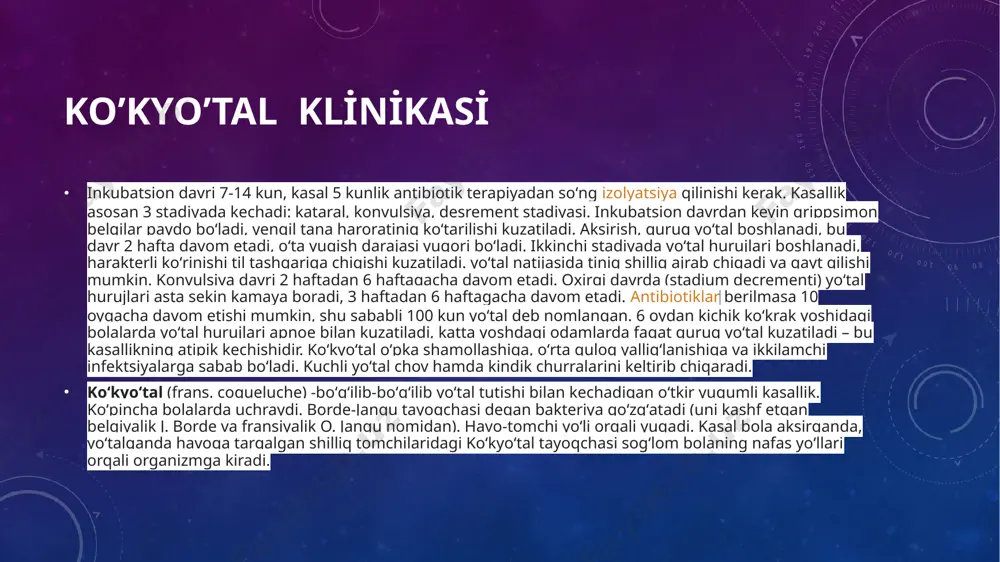 ] kataral yoki konvulsiya davrida 2 hafta erytxromiysin yoki makrolidlar gruppasiga kiruvchi preparatlar beriladi. koʻkyoʻtalning oldini olish uchun profilaktik emlov qilinadi. hozirgi kunda kombinatsiyalashgan emlov, yani koʻkyoʻtal, qoqshol, difteriya va poliomielitga qarshi emlov qilinadi[shu maqsadda akds (adsorbirlangan kukyoʻtal difteriya qoqshol) vaksinasi qoʻllaniladi (bolalar 5, 6, 7 oyligida, keyin 1—2 yoshida va 6 yoshida vrach buyurganida emlanadi). kasal boʻlmagan, lekin bemor bilan muloqotda boʻlgan bolalar maʼlum kungacha alohidalab qoʻyiladi. кўкйўтал – бу ҳаво – томчи орқали юқувчи, асосан 7 ёшгача болалар касалланадиган, юқори нафас йўлларининг бактериял юқумли касаллик. кўкйўталнинг асосий ўзига хослиги бу касалликка туғма иммунитетнинг йўқлига ва бемор билан яқин мулоққатда бўлганда юқумлилик даражасининг юқорилигидир. кўкйўталнинг асосий клиник белгиси ўзига хос хуржли спазматик йўтал билан кечишидир. кўкйўталнинг оғир шаклларида 6 ойгача бўлган болаларда нафас олишини тухтаб қолиши, судорги каби бош мияни зарарловчи гипокциялар кузатилиб, кейинчалик оғир оқибатларга олиб келиши мумкин. кўкйўталнинг олдини олиш усули буғма ва қоқшол анотоксинлари билан бириктирилган …