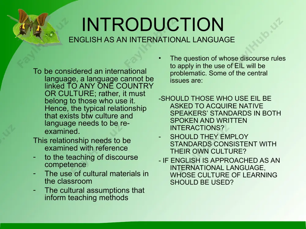 native speakers of that language the ownership of an international language becomes “de-nationalized” the educational goal of learning it is to enable learners to communicate their ideas and culture to others english as an international language as an international language, e is used both in a global sense for international communication btw countries and in a local sense as a languge of wider communication within multilingual societies. the use of e is no longer connected to the culture of inner circle countires. in a local sense, e becomes embedded in the culture of the country in which it is used. in a global sense, one of tis primaary functions is to enable speakers to share with others their ideas and culture. finally… …an international language spreads not by speakers of that language migrating to other areas but rather by many individuals acquiring the language. reasons for the spread of english …