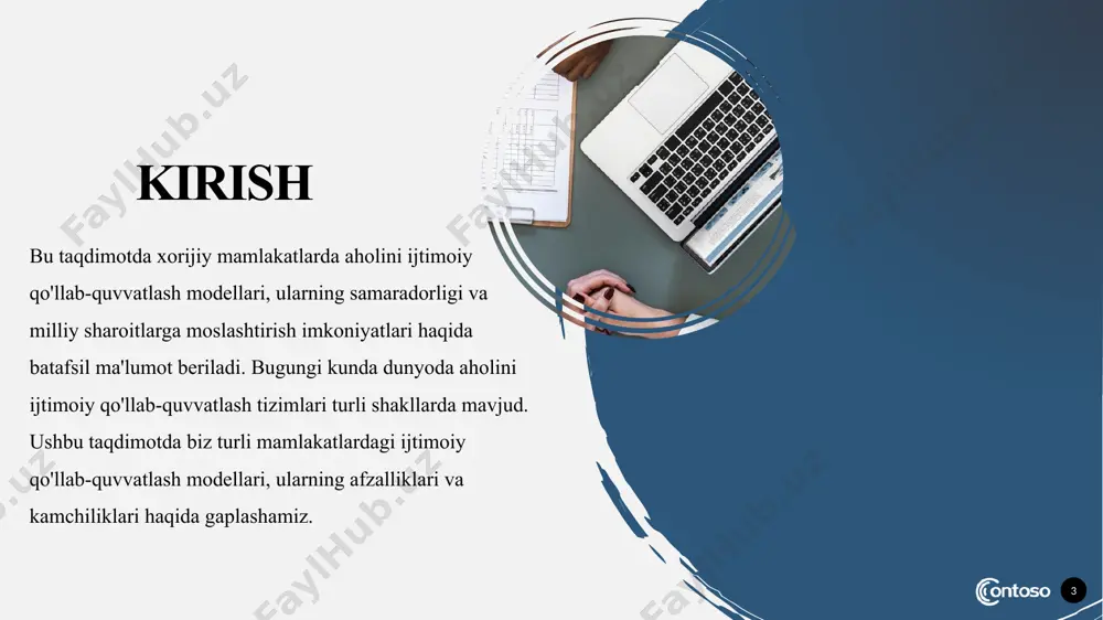 usiy sektorda amalga oshiriladi. davlat aralashuvi minimal darajada bo'ladi. 2. ijtimoiy himoya tizimi: • ijtimoiy himoya tizimi skandinaviya modeliga nisbatan kamroq rivojlangan. bunda ijtimoiy xizmatlar va nafaqa tizimlari cheklangan va ko'proq bozor mexanizmlariga tayanadi. 3. tenglik va adolat: • anglo-sakson modelida iqtisodiy tenglik va ijtimoiy adolatga e'tibor kamroq qaratiladi. bu modelda insonlarning daromadlari va imkoniyatlari o'rtasidagi farqlar ko'proq qabul qilinadi. 4. ish bilan ta'minlash: • ish bilan ta'minlash va ish joylarini yaratish bo'yicha siyosat ko'proq xususiy sektor tomonidan amalga oshiriladi. davlatning roli ish joylarini yaratishda cheklangan. 5. iqtisodiy o'sish: • anglo-sakson modeli iqtisodiy o'sishga katta ahamiyat beradi. innovatsiyalar, raqobat va tadbirkorlikni rag'batlantirishga qaratilgan siyosatlar mavjud. 6. soliq siyosati: • soliqlar odatda pastroq bo'ladi, bu esa fuqarolarga ko'proq daromad olish imkonini beradi, lekin ijtimoiy xizmatlar darajasi ham pastroq bo'ladi. continental (yevropa) modeli 10 continental (yevropa) modeli, asosan, yevropaning ko'plab mamlakatlarida, xususan, germaniya va frantsiyada rivojlangan. ushbu modelning tashkil etilishi va rivojlanishi …
