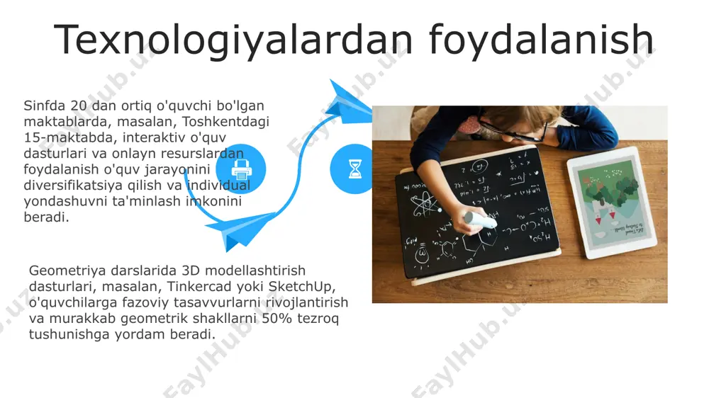antirish matematika darslarida 7-sinf o‘quvchilarining tenglamalarni yechish bo‘yicha ko‘nikmalarini rivojlantirish uchun 3 bosqichli strategiya qo‘llaniladi, har bir bosqichda 10 ta topshiriq beriladi. samarqanddagi 5-sinf o‘quvchilariga berilgan 20 ta so‘z masalasini yechish orqali mantiqiy fikrlash va muammolarni tahlil qilish ko‘nikmalari rivojlantiriladi. innovatsiyani qo'llab-quvvatlash maqsadida, 12 nafar o'quvchidan iborat guruhga toshkentdagi zamonaviy texnologiyalar muzeyiga ekskursiya tashkil qilish va ularga robot texnikasi bo'yicha 3 ta mini-loyihani bajarish topshirig'ini berish mumkin. o'quvchilarning ijodkorligini va innovatsion fikrlashini baholovchi 20 balldan iborat mezonlarni yaratish, 7-sinf o'quvchilari uchun navoiy shahridagi yangi kutubxonada matematik tadqiqotlar o'tkazishga imkon beradi. ijodiylik va innovatsiyani rag'batlantirish integratsiyalashgan yondashuv integratsiyalashgan yondashuv yordamida 7-sinf o'quvchilari 3 o'lchovli jismlar haqidagi bilimlarini fizika fanidagi mexanik harakatlar bilan bog'lab, 10 ta tajriba orqali amaliy ko'nikmalarini oshirishlari mumkin. integratsiyalashgan yondashuv 5-sinf matematika darslarida geometrik shakllarni o'rganish bilan atrof-muhitni o'rganish (ekologiya) fanini 2 ta amaliy topshiriq orqali bog'laydi, masalan, samarqanddagi tarixiy binolarning geometrik shakllarini tahlil qilish orqali. integratsiyalashgan yondashuv …
