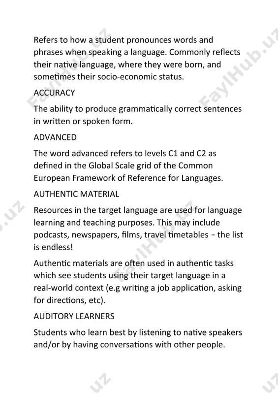 al cues (facial expressions, gestures) that help students understand the content celta (certificate of english language teaching to adults) celta is a qualification for teaching english as a foreign language. it focuses on developing practical skills with face-to-face teaching practice, which provides prospective teachers with the techniques and confidence they need to begin teaching as soon as they finish the course. cloze test this is an exercise, test, or assessment consisting of a portion of language with certain items, words, or signs removed, where the participant is asked to replace the missing language item. delta delta is the diploma in teaching english to speakers of other languages and it is an advanced tefl qualification. it can only be taken by qualified english teachers with a few years of teaching experience, who are looking to advance their qualifications. differentiation this occurs when all students in a class are learning the same …