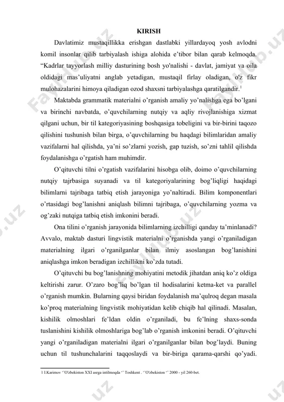 rivojlanib, taraqqiy etib bormoqda. keyinchalik 1931 yil 5-sentyabrda qabul qilingan “boshlang’ich va o’rta maktab haqida”gi, 1932 yil 25-avgust qabul qilingan «boshlang’ich va o’rta maktab o’quv dasturlari rejimi haqida»gi qarorlar yuqoridagi kabi yo’l qo’yilgan xato va kamchiliklarni bartaraf qilishda va o’quv mashg’ulotlari tizimini ishlab chiqishda maktabga va o’qituvchilarga yordam berdi. o’quvchilarga ta’lim-tarbiya berish vazifalaridan biri ularda ilmiy dunyoqarash elementlarini shakllantirishdir. bu vazifani hal qilishda maqsadga muvofiq ishlashning yetakchi sharti - o’quvchini shaxs sifatida muvaffaqiyatli kamol toptirishdir. quyidagi ko’rsatilgan omillar tilni o’rgatish bilan bog’liq holda o’quvchilarda ilmiy dunyoqarash elementlarini shakllantirish usulini belgilaydi: mustaqillgimizning dastlabki yillaridanoq butun mamalakat miqyosida talim tarbiya, ilm -fan, kasb hunar o'rgatish sohalarini isloh qilishga nihoyatda katta zarurat sezila boshlandi.busiz jamiyatimizning biror bir sohasini o'zgartirishga erishib bo'lmaydi.[footnoteref:2] [2: karimov i.a. “biz kelajagimizni o'z qo'limiz bilan quramiz” toshkent “ozbekiston” 1999 y 412 bet] 1. tilning ijtimoiy hodisa sifatidagi mohiyati uning aloqa (kommunikativ) vazifasini ifodalashdan iboratdir. maktabda, shu jumladan, boshlang’ich sinflarda …
