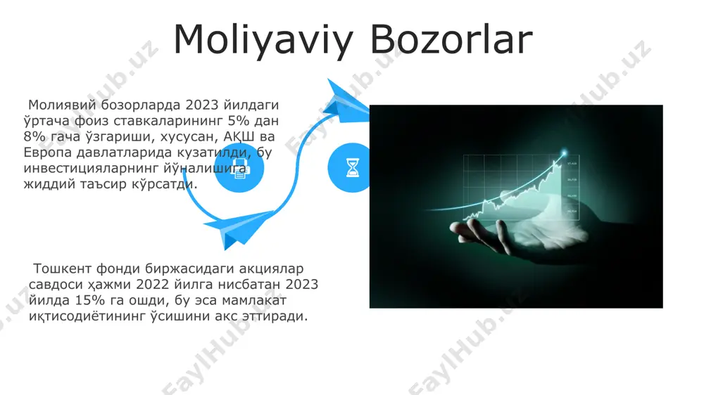 tegishli. davlat moliyasi ўзбекистон республикаси давлат статистика қўмитаси маълумотларига кўра, 2022 йилда яимнинг 25%и давлат молияси томонидан шакллантирилган ва бу кўрсаткич 2021 йилга нисбатан 5% га ошган. давлат бюджетида 2023 йилда таълимга 15 триллион сўм ажратилган бўлиб, бу маблағларнинг 30%и вилоятлардаги мактабларни модернизация қилишга йўналтирилган. arbitraj narxlash nazariyasi arbitraj imkoniyatlaridan foydalanish natijasida bozorlar o'rtasidagi narx farqlari tezda kamayadi, bu esa 0,5% ga yaqin daromad marjasini qoldiradi va samarali bozorlarning shakllanishiga hissa qo'shadi. arbitraj narxlash nazariyasi, samarali bozor gipotezasi bilan chambarchas bog'liq bo'lib, 1960-yillarda aqshda rivojlangan va global moliyaviy bozorlarda 20% dan ortiq daromad keltiruvchi imkoniyatlarning deyarli yo'qligini taxmin qiladi. e'tiboringiz uchun rahmat @taqdimot_robot image5.jpg image6.jpg image7.jpg image8.jpg image9.jpg image10.jpg image11.jpg image12.jpg image13.jpg image14.jpg image15.jpg image16.jpg image17.jpg image18.jpg image19.jpg image20.jpg image21.jpg image1.jpeg image2.jpeg image3.jpeg image4.jpeg