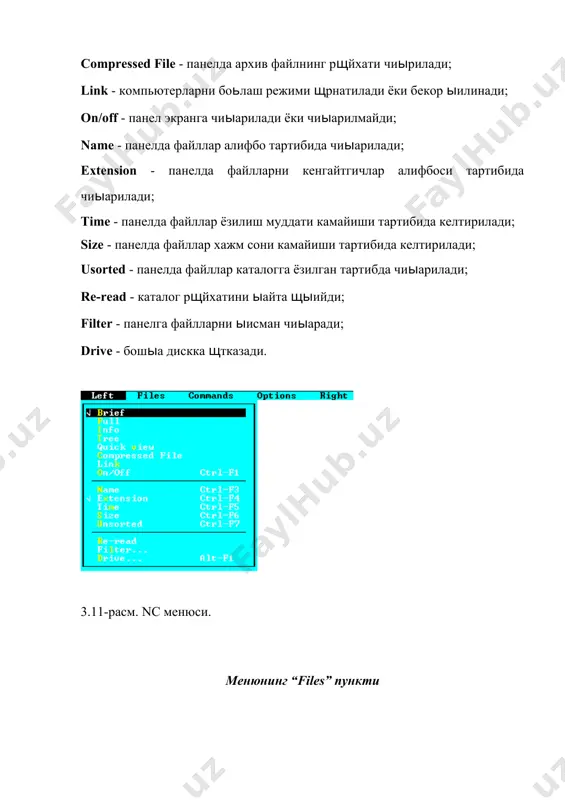 юга эга (расм 3.14): бунда: configuration - nc нинг конфигурациясини киритади (ыуйида келтирилган); editor - f4 босилганда, чаыириладиган тахрирлагич номи кщрсатилади; confirmation - файл нусхасини кщчириш, щчириш, кщчириш жараёнлари саволларини щрнатади ёки бекор ыилади; compression - файлларни архивга сиыиш усулларини беради; auto menus - фойдаланувчи менюсидаги команда бажарилгандан сщнг экранда фойдаланувчи менюсини яна чаыиради; path prompt - бу режимда экран пастки ыисмдаги таклиф жорий диск ва каталог хаыидаги маълумотни, акс холда фаыатгина жорий диск хаыидаги маълумотни беради; key bar - бу режим экраннинг охирги сатрида функционал тугмачалар вазифаси хаыидаги кщрсатмани беради; full screen - бу режим nc панелларини экран щлчамида ва акс холда экраннинг ярми щлчамида чиыаради; mini status - бу режимда панел пастки ыисмида жорий файл ёки ажратилган файллар сони ва хажми хаыидаги маълумот келтирилади; clock - экраннинг юыори щнг бурчагида жорий ваытни кщрсатади; save setup - щрнатилган режимларни саылайди. nc конфигурациясини урнатиш nc конфигурациясини щрнатиш учун “options” пунктида …