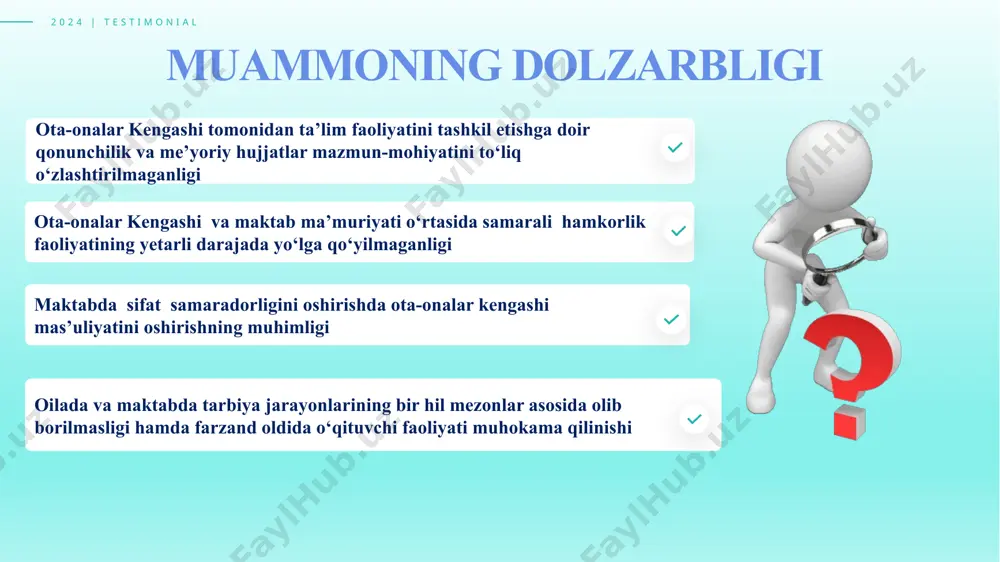 larning psixologik holatini qo‘llab-quvvatlashga qaratilgan chora-tadbirlarni amalga oshirishni o‘z ichiga oladi. ota-onalar huquqlari va majburiyatlari to‘g‘risida ma’lumot berish ota-onalar kengashi, ota-onalarga o‘z huquqlari, majburiyatlari va maktabda ta’lim olish jarayonida qanday ishtirok etishlari kerakligi haqida doimiy ravishda ma’lumot berib boradi. bu ularga ta’lim jarayoniga faol va ongli ravishda qatnashish imkonini beradi. ‹#› 2024 | testimonial koreya shvetsiya qirolligida barcha maktablarda ota-onalar farzandining maktabga borishi uchun qonuniy javobgardir, har semestrda kamida bir marta o‘qituvchi va o‘quvchining ota-onasi maktabga kelishga va “rivojlanish suhbati”dan o‘tishga majbur. maktablarda ota-onalar kengashi bu jarayonni nazorat qiladi. shvetsiya yaponiya janubiy koreyada ota-onalar farzandlari ta'limiga pul tikib «poyga oʻynashadi» janubiy koreyada ota-onalar va pedagoglar uchun birgalikda treninglar o‘tkazilib, bolalarni tarbiyalash va o‘qitish bo‘yicha yangi metodlar va strategiyalar o‘rgatiladi. yaponiyada ota-onalar uchun ochiq darslar (kokai jugyo) tashkil qilinadi. bunda ota-onalar farzandlarining ta’lim jarayonini to‘g‘ridan-to‘g‘ri kuzatishlari mumkin. bu ochiq darslar ota-onalarga o‘z farzandlari bilim va tarbiyasi qanday rivojlanayotganini ko‘rish va ularga …