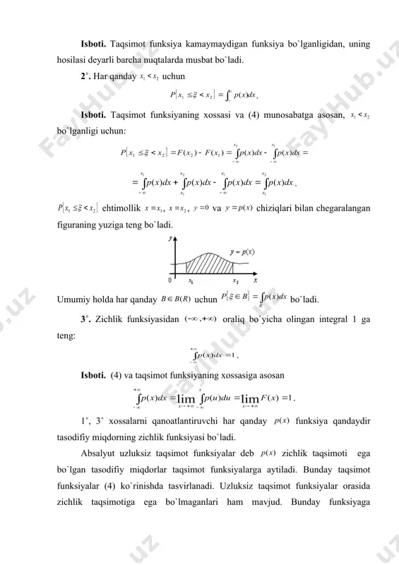 hlik funksiyasidan oraliq bo`yicha olingan integral 1 ga teng: . isboti. (4) va taqsimot funksiyaning xossasiga asosan . 1˚, 3˚ xossalarni qanoatlantiruvchi har qanday funksiya qandaydir tasodifiy miqdorning zichlik funksiyasi bo`ladi. absalyut uzluksiz taqsimot funksiyalar deb zichlik taqsimoti ega bo`lgan tasodifiy miqdorlar taqsimot funksiyalarga aytiladi. bunday taqsimot funksiyalar (4) ko`rinishda tasvirlanadi. uzluksiz taqsimot funksiyalar orasida zichlik taqsimotiga ega bo`lmaganlari ham mavjud. bunday funksiyaga quyidagicha aniqlangan kontor funksiyasi misol bo`ladi. bo`lsa , bo`lsa va zichlik taqsimotiga ega bo`lmagan uzluksiz taqsimot fuksiyaga singulyar deyiladi. a. lebegga tegishli bo`lgan quyidagi teoremani isbotsiz keltiramiz. teorema: har qanday taqsimot fuksiya yagona usul bilan ko`rinishda tasvirlanishi mumkin, bu yerda diskret taqsimot funksiya absalyut uzluksiz taqsimot funksiya, singulyar taqsimot funksiya. endi ba`zi muhim absolyut uzluksiz taqsimotlarni qarab chiqamiz. tekis taqsimot. agar tasodifiy miqdor zichlik funksiyasi ko`rinishida bo`lsa, tasodifiy miqdor kesmada tekis taqsimotga ega deyiladi. normal taqsimot. agar tasodifiy miqdorning zichlik funksiyasi ko`rinishda bo`lsa, u normal taqsimotga ega …