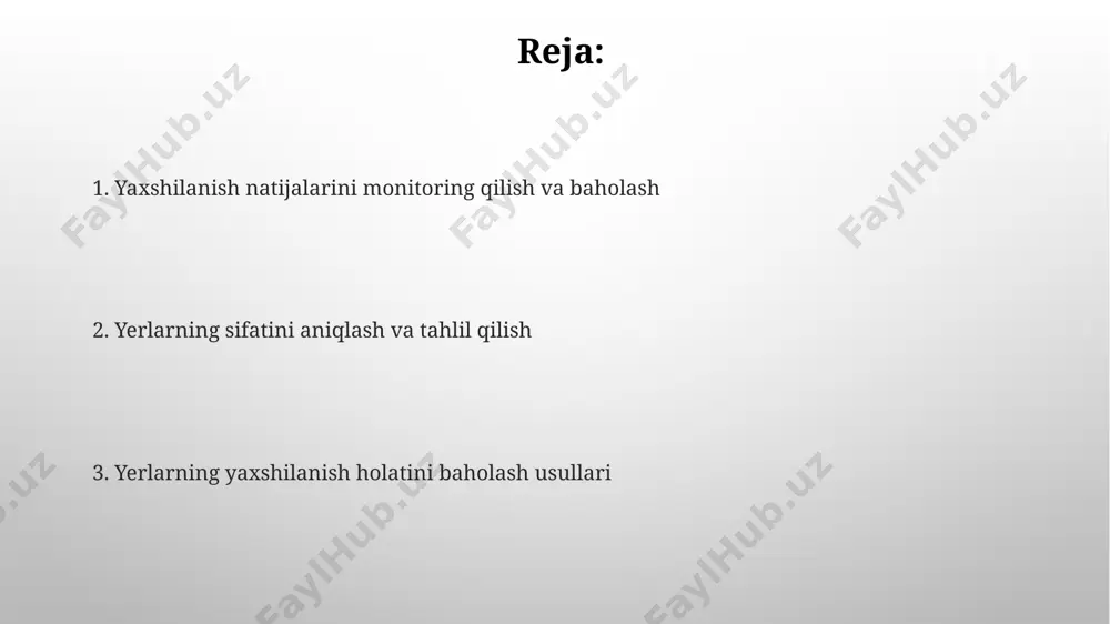 tini baholashda, tuproq namligini o'lchash uchun 5 nuqtadan olingan namunalar bo'yicha o'rtacha ko'rsatkichlardan foydalanish, sug'orish rejimini optimallashtirish va hosildorlikni oshirish uchun muhimdir. suv resurslarini baholashda gidrogeologik tadqiqotlar natijalari, ya'ni yer osti suvlarining miqdori va sifati bo'yicha 3 yillik kuzatuv ma'lumotlarini tahlil qilish, suv ta'minoti darajasini aniqlashda yordam beradi. modellashtirish va prognozlash yerlarning ameliorativ holatini modellashtirishda 3d gis texnologiyalari va koʻp oʻzgaruvchili regressiya tahlillarini qoʻllash orqali 90% gacha aniqlikka erishish mumkin. yerlarning ameliorativ holatini prognozlashda ekspert tizimlari va sunʼiy neyron tarmoqlari yordamida 5 yillik davr uchun taxminan 85% ishonchlilik darajasiga erishiladi. kimyoviy tahlillar tuproqning ph darajasi, organik moddalar miqdori va ozuqa elementlari (azot, fosfor, kaliy) kabi ko'rsatkichlarni aniqlash uchun kimyoviy tahlillar standartlashtirilgan usullar, masalan, kjeldahl usuli yoki bray i usuli yordamida amalga oshiriladi. kimyoviy tahlillar tuproq namunalarida ogʻir metallar (masalan, qoʻrgʻoshin, kadmiy) miqdorini aniqlashda atom-absorbsion spektrometriya (aas) yoki induktiv ravishda bogʻlangan plazma (icp-oes) usullaridan foydalanadi, bu esa ifloslanish darajasini 0,1 ppm …