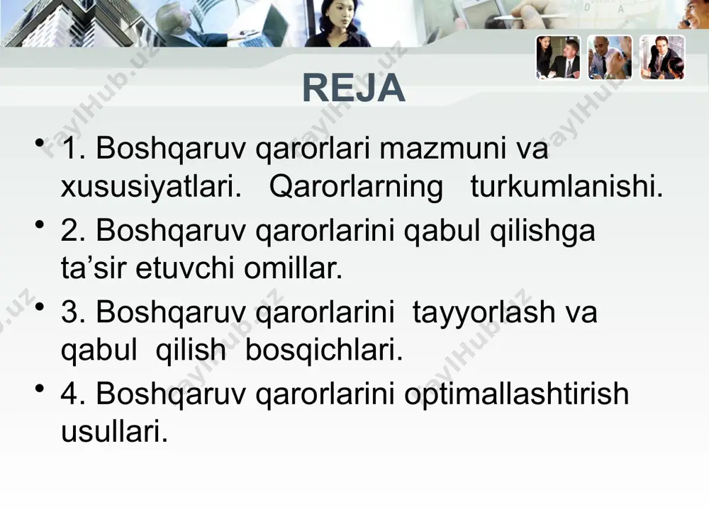 t bo‘lsa, uning mehnat (natijasi) mahsuloti-boshqaruv qaroridir. qaror ishlab chiqish va qabul qilish - bu shunday boshqaruv faoliyatining asosiy shakliki, unda rahbar mehnatining mazmuni, uning jamoaga nisbatan maqsad sari yo‘naltirilgan harakatlari tizimidir. boshqaruv qarori ikki holatda ishlatiladi: birinchi holatda -kimdir yoki nimadir tomonidan o‘rnatilgan boshqaruv hujjati, qabul qilingan harakat rejasi, qaror qilish va boshqalar . boshqa holatlarda - bu bir necha variantlardan bitta ma’qul variantni tanlash. qaror pishib yetilgan muammo mavjud bo‘lganda qabul qilinadi. boshqaruv qarorlari elementlari vosita vazifa muddat javobgarlik 1 2 4 3 boshqaruv qarorlarini asosiy tarkibiy qismlari 1. maqsadlar 2. masalalar 3. masalalarni yechish usullari (texnologiya) 4. resurslarga nisbatan talablar 5. qarorning ta’sir doirasi 6. qarorning bajarilish muddatlari 7. qarorni amalga oshirilish mexanizmlari (masalalar strukturasi) swot tahlili – bir qarorni qabul qilishda mavjud bo‘lgan vaziyatni tizimli taqsimlashdir. bu usul iqtisod va boshqaruvning turli sohalarida qo‘llaniladigan universal usul bo‘lib, har qanday darajadagi obyektni (mahsulot, tashkilot, viloyat, mamlakat) o‘rganish …