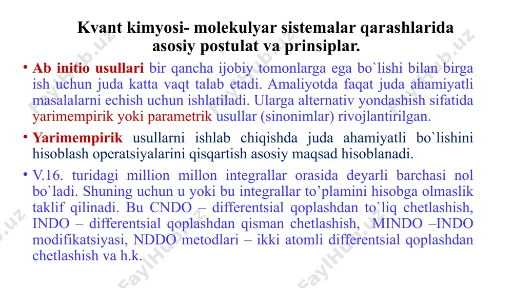ha shartlar talab qiladigan usul tanlash zaruriyatining mavjudligidir. bu shartlarning noto`g’ri tanlanishida tadqiqotchi ancha vaqtni bekor ketkazishi mumkin, hamda juda kerak bo`lmagan natijalar (yoki hatto noto`g’ri) olinishi mumkin. kvant kimyosi- molekulyar sistemalar qarashlarida asosiy postulat va prinsiplar. uchinchidan masalalarni echishda barcha hisoblash usullarini va ularning chegaraviy imkoniyatlarini bilish zarur, ya`ni kompyuterda masalani echish oddiy ko`rinishiga qaramasdan operator, tanlagan usulning g’oyasini bilishi zarur. masalan, tanlangan usul ab initio yoki yarimempirik usul bo`lsa, bu holatda rutaan tenglamasi, xartri-fok usuli, born-oppengeymer yaqinlashishi va boshqalarni bilish kerak. molekula parametrlarini yuqorida keltirilgan usullar yordamida hisoblash aniqligini solishtirish uchun quyidagi jadvalni keltirish mumkin. xar hil usullarda hisoblashning nisbiy aniqligi. parametr usullar empirik (mm2) yarimempirik (pm3) ab initio (dz) r (a) jvalo qdvugro hf(kkal.mol) 0.005 1.0 5.0 0.7 0.036 3.9 14.9 7.8 0.02 5.0 12.6 dmom 0.38 0.37 xar hil usullarda hisoblash uchun talab qilinadigan nisbiy vaqtni quyidagi proportsiya bo`yicha solishtirish mumkin (propan molekulasini, xisobi t.klark, kompyuternaya …