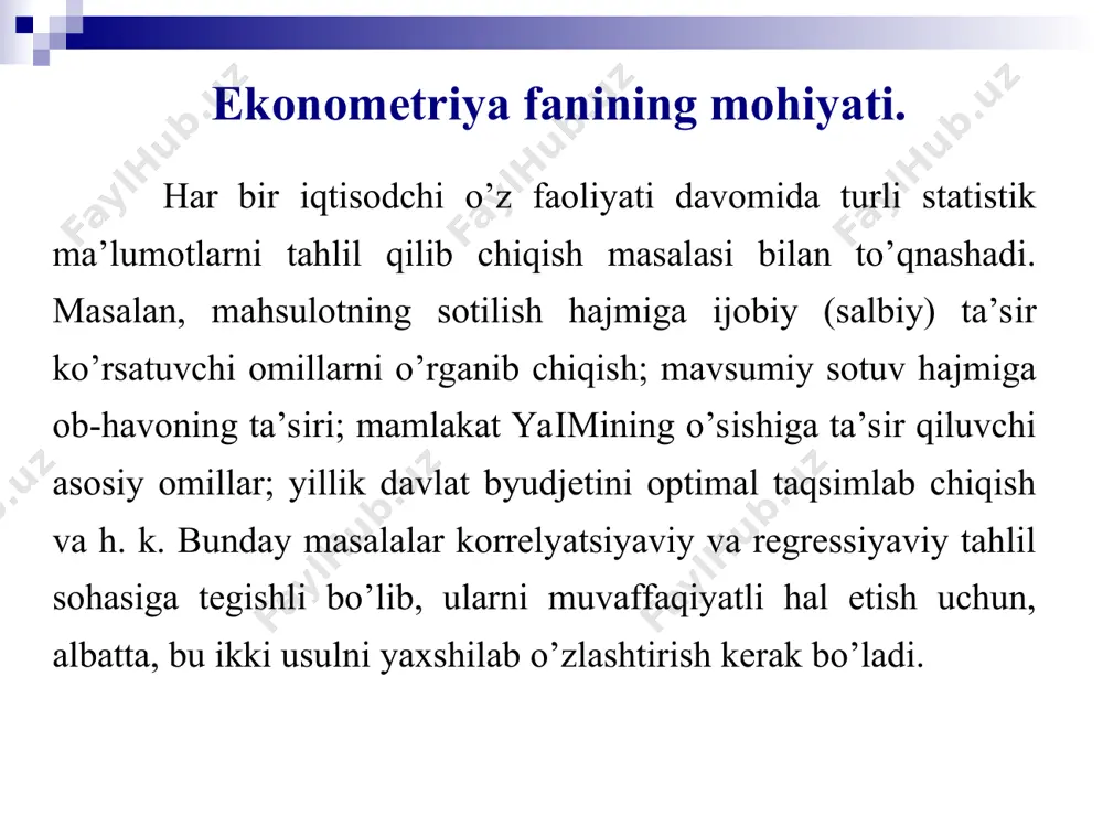 riy (mavsumiy) komponenta, – tasodifiy (stoxastik) komponenta; trend va mavsumiylik modellari: (additiv) yoki (multiplikativ), bu yerda t(t) – parametrik shaklda berilgan vaqt trendi, s(t) – davriy (mavsumiy) komponenta, – tasodifiy (stoxastik) komponenta; bir tenglamali regression modellar bunday modellarda bog‘liq (tushuntiriluvchi) o‘zgaruvchi y funksiya sifatida namoyon bo‘ladi, bu yerda erkli (tushuntiruvchi) o‘zgaruvchilar va parametrlar. funksiyaning turiga qarab modellar chiziqli va chiziqsizlarga bo‘linadi. masalan, muzqaymoq talabini vaqt, havo harorati, o‘rtacha daromad darajasi funksiyasi ekanini yoki ish haqining yoshga, jinsga, ta’lim darajasiga, xizmat ko‘rsatish darajasiga va hokazolarga bog‘liqligini tekshirish mumkin. bunday modellar doirasi, hatto chiziqli bo‘lganlari ham, vaqt qatorlari modellariga qaraganda ancha kengroqdir. bir vaqtli tenglamalar sistemasi ushbu modellar tenglama tizimlari tomonidan tavsiflanadi. tizimlar ayniyat va har biri tushuntiruvchi o‘zgaruvchi bilan birga boshqa tenglamaning tushuntiriluvchi o‘zgaruvchisini o‘z ichiga olgan regression tenglamalardan tashkil topgan bo‘lishi mumkin. shunday qilib, bu yerda tizimning tenglamalari bilan bog‘liq bo‘lgan tushuntiriluvchi o‘zgaruvchilar majmuasi mavjud. misol sifatida, quyida keltirilgan talab …