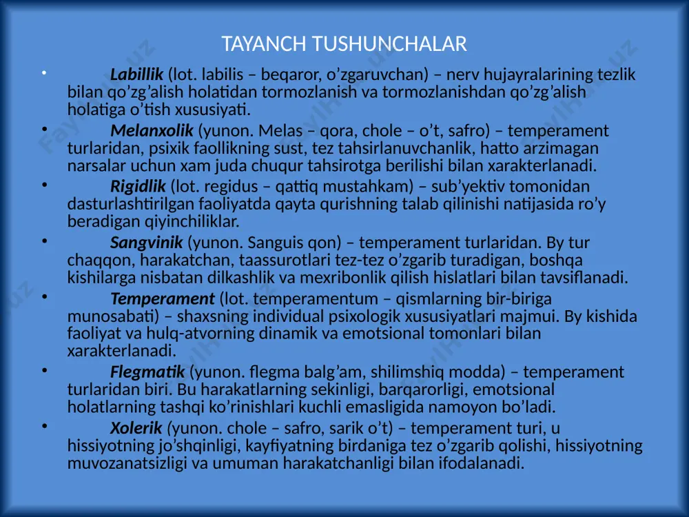 bo’lgan motivlarda, psixik holatlarda, maqsadlarda, faoliyatlarda nisbatan o’zgarmas temperament tipini tavsiflovchi tuzilmani tashkil qiladi. temperament lotincha “temperamentum” degan so’zdan olingan bo’lib, buning ma’nosi “aralashma” degan tushunchani anglatadi. temperament to’g’risidagi dastlabki ta’limotni yunon olimi gippokrat (eramizdan oldingi 460 – 356 yillarda yashagan) yaratgan bo’lib, uning tipologiyasi to hozirgi davrgacha qo’llanilib kelinmoqda. temperament xususiyatlari 6 favqulotda temperamentning bir xil xususiyatlari motiv,psixik holat va hodisalardan farqli o’laroq, aynan shu shaxsning o’zida, uning turli faoliyatlarida, muomalasida ifodalanadi. temperament xususiyatlari tabiiy shartlanganlik omiliga taalluqli bo’lganligi tufayli inson hayoti va faoliyatining (umrining) davomida yoki uning muayyan bir bo’lagida (tahsirga beriluvchanligi sababligidan qathiy nazar) barqaror, o’zgarmas va mustahkamdir. yakkahol shaxsga dahldor temperamentning turli xususiyatlari o’zaro bir-biri bilan g’ayriqonuniy ravishda birlashgan bo’lmasdan, balki ular o’zaro bir-biri bilan muayyan qonuniyat asosida mujassamlashib, xuddi shu xususiyatlar uning tiplarini tavsiflovchi o’ziga xos tuzilmani vujudga keltiradi. 7 qadimgi yunon olimi gippokrat ta’limotiga binoan, insonlarning temperament xususiyatlari jihatidan o’zaro bir-biridan tafovutlanishi, ularning tana …