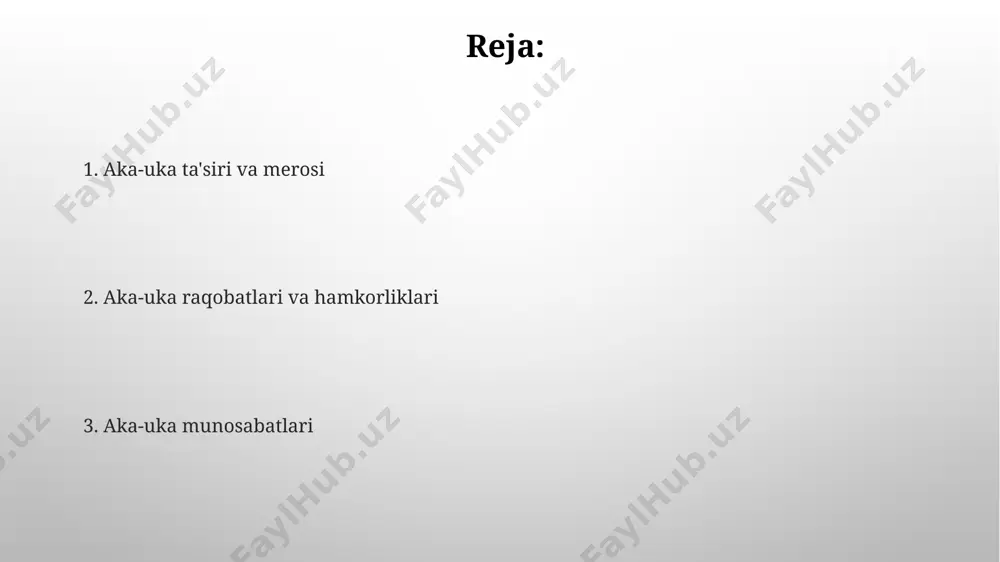 atlikka ijobiy ta'sir ko'rsatadi. aka-uka munosabatlarida effektiv muloqot (kamida haftasiga 2 marta ochiq muloqot) va konfliktlarni hal qilish strategiyalarini o'rganish, uzoq muddatli sog'lom munosabatlarning asosi hisoblanadi. birgalikdagi bolalik xotiralari биргаликдаги болалик хотираларимиз орасида 12 ёшимда акам билан қилган 2 кунлик велопрогулкамиз ва йўл бўйида учратган 15 тадан ортиқ турли хил қушларни кузатишимиз ҳақидаги лаҳзалар алоҳида ўрин тутади. болалик давримизнинг 70% қисми ота-онамизнинг 3 хонали квартирасида ўтган, қолган 30%и эса бувимнинг боғидаги ўйинлар ва машқлар билан боғлиқ эди, бу эса бизнинг яқинлигимизни мустаҳкамлади. qo'llab-quvvatlash va himoya psixologik tadqiqotlar shuni ko'rsatadiki, aka-uka munosabatlarida bir-birlarini himoya qilish darajasi bolalikdagi o'zaro munosabatlarning 85% ga bog'liqdir. oilaviy bizneslarda birodarlar o'rtasidagi himoya va qo'llab-quvvatlash, 25% gacha yuqori rentabellik va biznesning uzoq muddatli barqarorligini ta'minlashga hissa qo'shadi. e'tiboringiz uchun rahmat @taqdimot_robot image3.png image4.jpg image5.jpg image6.jpg image7.jpg image8.jpg image9.jpg image10.jpg image1.png
