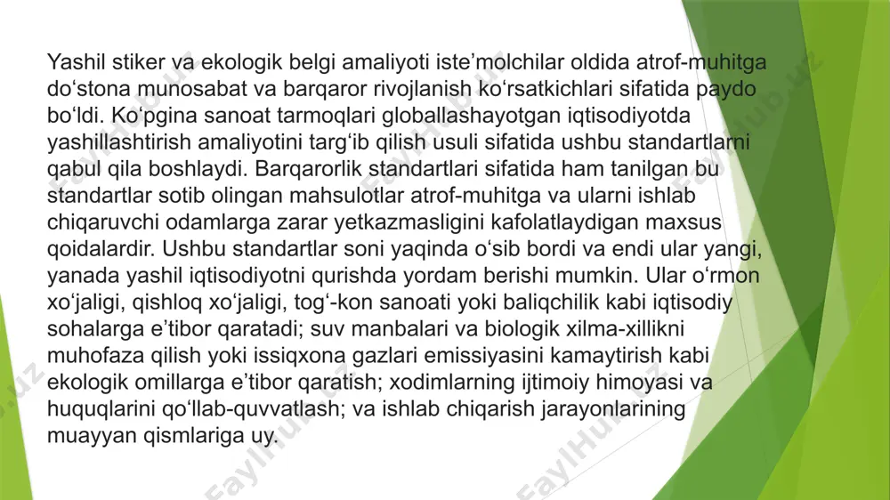 halariga sarmoya jalb qilmoqda. xulosa yashil iqtisodiyot – bu iqtisodiy rivojlanish va ekologik muvozanatni uyg‘unlashtiruvchi model bo‘lib, u iqlim o‘zgarishining salbiy ta'sirlarini kamaytirish, tabiiy resurslardan samarali foydalanish va barqaror taraqqiyotni ta'minlashga qaratilgan. dunyo davlatlari tajribasi shuni ko‘rsatadiki, qayta tiklanadigan energiya manbalarini rivojlantirish, chiqindilarni boshqarish, transport tizimini ekologik xavfsiz qilish va qishloq xo‘jaligini modernizatsiya qilish orqali yashil iqtisodiyotga o‘tish mumkin. germaniya, shvetsiya, xitoy kabi davlatlar ushbu sohada muhim natijalarga erishgan va ularning tajribasi global ahamiyatga ega. o‘zbekiston yashil iqtisodiyotga o‘tish bo‘yicha izchil choralar ko‘rmoqda. mamlakatda quyosh va shamol energiyasidan foydalanish bo‘yicha yirik loyihalar amalga oshirilmoqda, suvni tejovchi texnologiyalar joriy etilmoqda va chiqindilarni boshqarish tizimi takomillashtirilmoqda. shu bilan birga, ekologik ta'limni rivojlantirish va aholini jarayonga jalb qilish bo‘yicha ishlar olib borilmoqda. foydalanilgan adabiyotlar: -www.world-energy.org o‘zbekiston respublikasi prezidentining qarori, 04.10.2019 yildagi pq-4477-son etiboringiz uchun rahmat image1.jpeg image2.jpeg image3.jpeg image4.jpeg image5.jpeg image6.jpeg image7.jpeg image8.jpeg image9.jpeg image10.jpeg image11.jpeg image12.jpeg image13.jpeg image14.jpeg image15.jpeg /docprops/thumbnail.jpeg