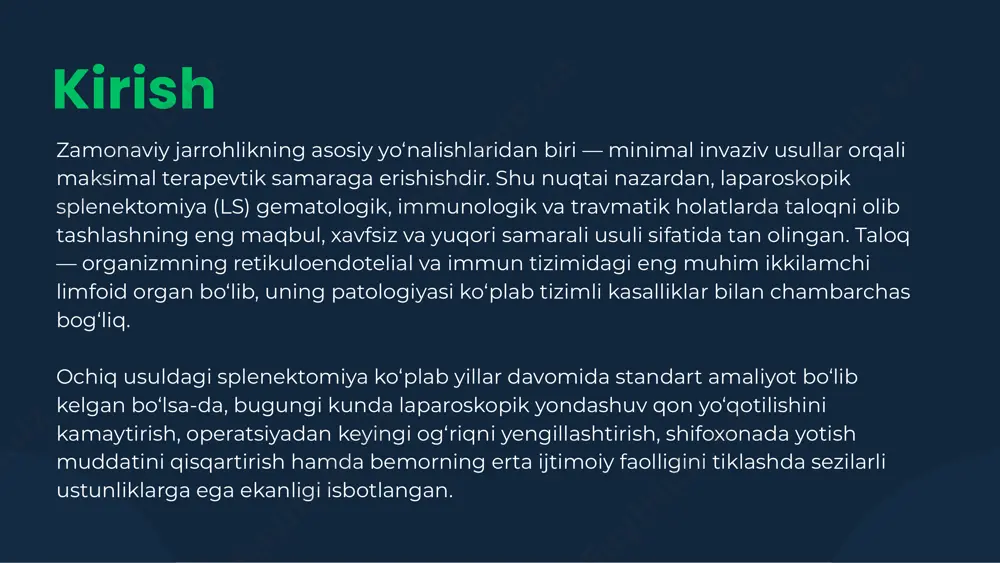 ning asosiy ko‘rsatmalari 1. gematologik kasalliklar: • irsiy sferotsitoz — taloq qizil qon hujayralarini yo‘q qilishni tezlashtiradigan patologiya bo‘lib, ls qizil qon hujayralarining isrof bo‘lishini kamaytirish va klinik simptomlarni yengillashtirishda samarali. • immunkomponent bo‘lgan gemolitik anemiya — trombotsitopeniya va boshqa qon kasalliklari, bunda taloq qismi yoki to‘liq olib tashlash bilan qon hujayralari yomonlashishini oldini olish maqsad qilinadi. • trombositopeniya (itp) — immun trombotsitopeniya bo‘lib, konservativ terapiyaga javob bermagan hollarda ls orqali taloqni olib tashlash ko‘riladi. • giperplenizm — taloqning ortiqcha faoliyati natijasida qon hujayralarining qisqarishi kuzatiladi. ls bu holatda samarali terapiya hisoblanadi. 2. travmatik shikastlanishlar: • talog‘ning jarohatlari va shikastlanishi natijasida qon ketish xavfi bo‘lsa, laparoskopik usul bilan taloqni olib tashlash yoki qismini rezektsiya qilish tavsiya etiladi. • operatsiyaning minimal invazivligi bemorning tezroq tiklanishiga yordam beradi. 3. taloq bilan bog‘liq neoplastik kasalliklar: • limfomalar va boshqa limfoid to‘qima kasalliklarida taloqni olib tashlash diagnostika va davolash maqsadida amalga oshiriladi. • laparoskopik …