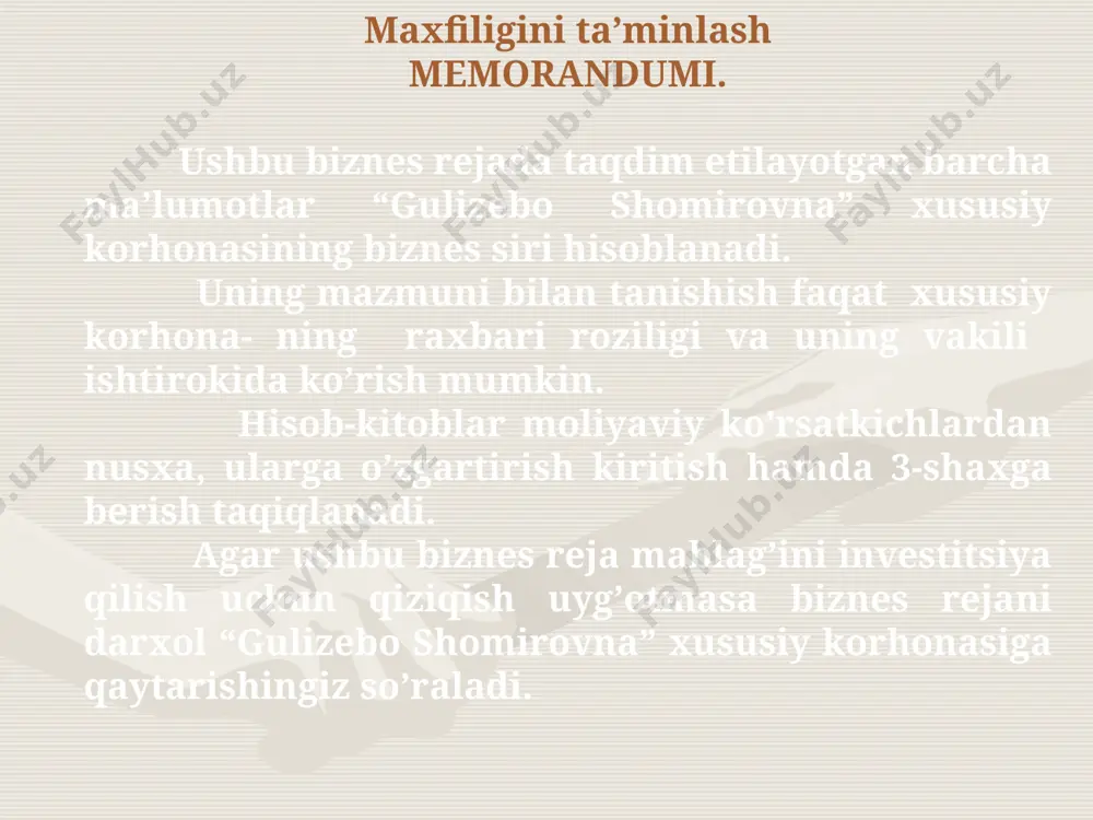 gulizebo shomirovna” xususiy korhonasining deb ish faoliyatini olib boradi. loyihaning umumiy qiymati 10 000 000 xususiy mablag’ 2 000 000 so’raladigan mablag’ 8 000 000 biznes rejada keltirilgan ishlab chiqarish qashqadaryo viloyati kitob shaxri general jo’rabek ko’chasida o’z ish faoliyatini olib boradi. . swot taxlili kuchli tomonlari ushbu sohada tajribaning borligi va mahsulotlar jahon andozasiga teng kela olishi. kuchsiz tomonlar faoliyatni rivojlantirish uchun mablag’ni yetarli emasligi imkoniyatlar mahsulotlarni kelgusida chet el davlatlariga eksport qilishni yo’lga qo’yish. to’siqlar elektr energiyasi doimiy yetkazib berilmasligi. hom ashyoni oshib ketishi. raqobatchilar ko’payib ketishi. raqobatchilar tahlili… raqobatchilar sifati narxi qo’shimchalar bizning maxsulotimiz yuqori darajali kelishilgan narxda maxsulotlarni kerakli joyga olib borib berilishi bepul. (viloyat bo’yicha) ,,faxriddin’’ xususiy korxonasi oliy bozor narxida x biznes uchun kerakli capital nomi soni summasi o’z xisobidan kredit xisobidan 1 bino ta’miri 2 000 000 2 000 000 x 2 tikuv mashinkalari; to’g’ri chok 2 2 600 000 x 2 600 …