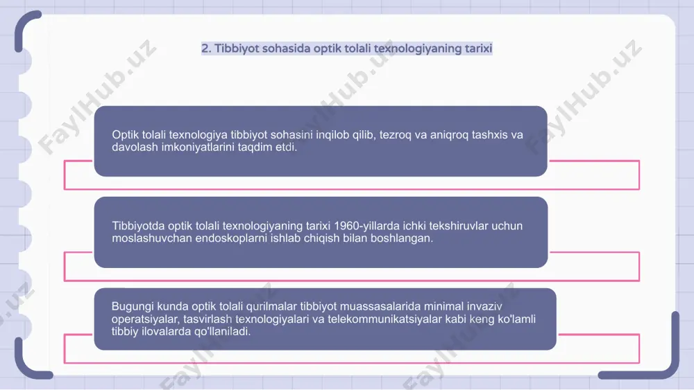 i uchun juda katta bo'lishi mumkin, bu esa ushbu texnologiyani keng miqyosda amalga oshirishni qiyinlashtiradi. ushbu qiyinchiliklarga qaramay, tibbiyotda optik tolali qurilmalarning ahamiyatini oshirib bo'lmaydi. 1 2 3 7. tibbiyot innovatsiyalarida optik tolali qurilmalarning kelajakdagi istiqbollari taqdimotda optik tolali qurilmalarning tibbiyotdagi ahamiyati, xususan, ularning tibbiy innovatsiyalardagi roli haqida so‘z boradi. taqdimot o‘zbek tili bo‘lib, 8 ta slayddan iborat bo‘lib, ularning har biri ushbu muhim mavzuning turli jihatlariga bag‘ishlangan. muhokama qilinadigan asosiy mavzu "tibbiyot innovatsiyalarida optik tolali qurilmalarning kelajakdagi istiqbollari" bo'lib, u optik tolali texnologiya tibbiyot sohasida taqdim etayotgan potentsial yutuqlar va imkoniyatlarni yoritib beradi. taqdimotchi tinglovchilarga qimmatli fikrlarni berib, mavzu bo'yicha har tomonlama ma'lumot beradi. taqdimot fayli tayyorlanayotganda, taqdimot matni oldindan baham ko'riladi. bu tarkibni to'liq tushunish uchun vaqt beradi va yaxshi tayyorlangan va ma'lumotli taqdimotni amalga oshiradi. tomoshabinlar optik tolali qurilmalarning tibbiyot taraqqiyotidagi ahamiyatini aniq tushunishlarini kutishlari mumkin. 8. sog'liqni saqlashda optik tolali qurilmalarni integratsiyalash bo'yicha xulosa va tavsiyalar …