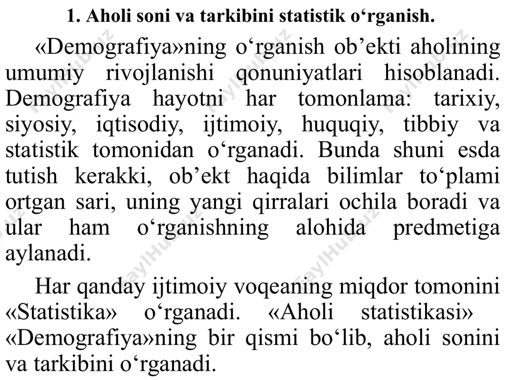 ing uchun ham, bu aholi ro‘yxatlarida asosan erkaklar ro‘yxatga olingan. chunki, u paytlarda erkaklarning iqtisodiy o‘rni yuqori bo‘lgan, soliq to‘lashda faqat erkaklar, ya’ni oila boshliqlari qatnashgan. aholini eng birinchi rasmiy ro‘yxatga olish 1790 yilda aqshda, keyinchalik 1800 yilda shvetsiya va finlyandiyada, 1801 yilda – angliya, daniya, norvegiya va fransiyada o‘tkazilgan. ammo, bu aholi ro‘yxatlari juda oddiy shaklda hamda uzoq muddatga cho‘zilgan. masalan, birinchi aqshda aholini ro‘yxatga olish ishlari 18 oy davomida olib borilgan. xix asrga kelib, aholini ro‘yxatga olish juda kengaydi. qator yevropa mamlakatlarida statistika tashkilotlari tuzildi. aholini ro‘yxatga olish ilmiy dasturlar asosida olib borilishi yo‘lga qo‘yildi. xususan, 1870-1879 yillarda dunyoning 48 ta, 1890 yillarda esa 57 ta davlatida aholi ro‘yxati o‘tkazilgan. xix asr oxirida dunyo aholisining 21 foizi ro‘yxatga olingan bo‘lsa, xx asr boshida 54 foiz aholi ro‘yxatdan o‘tkazilgan. ikkinchi jahon urushidan keyin, aholini ro‘yxatga olish tizimi yanada takomillashtirildi. 1945-1954 yillarda – 151 ta davlatda, 1965-1974 yillarda – 179 …