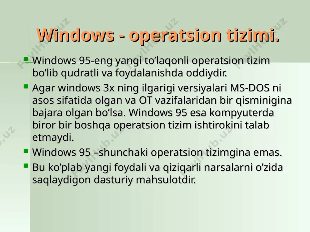 л инструментов bandiga murojat etib, darchadagi yorliqlarni turli ko’rinishda ekranda hosil qilishimiz mumkin. moy kompyuter (mening kompyuterim). bu papka siz ishlayotgan kompyuterning obrazi bo`lib, uning yordamida kompyuter resurslariga (ya'ni, qattiq hamda yumshoq disklar, cd-rom, tarmoq disklariga, shu kabilarga) ulanish va kirishingiz mumkin. fayllar bilan ishlash windowsda fayllar bilan ishlash uchun provodnik va moy kompyuter oynalaridan foydalaniladi provodnikni ishga tushirish uchun pusk tugmasi bosiladi, ochilgan menydan «dasturlar» deb yozilgan satr tanlanadi va ochilgan qism menydan provodnik degan nomda sichqoncha bir marta bosiladi. shift tugmasini bosib turgan holda moy kompyuterning belgisi ustida sichqonchani ikki marta bosilsa ham provodnikning oynasini ochish mumkin. provodnik oynasini ochishning yana bir usuli, moy kompyuter belgisi ustida sichqonchaning o`ng tugmasi bosiladi. ochilgan kontekst menydan provodnik nomi tanlanadi. moy kompyuter oynasini ochish uchun uning belgisi ustida sichqonchani ikki marta bosish kerak. bu oynalarda sarlavha qismining tagidagi qator meny qatori hisoblanadi. uning tagidagi qatorda esa «asboblar paneli» qatori joylashgan. agar …
