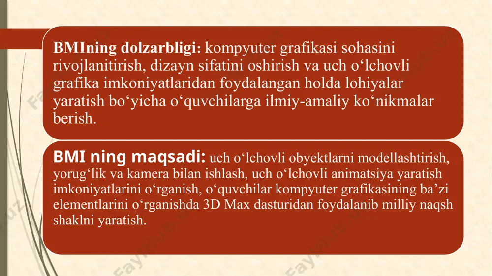 sh shakllarini 3d max dasturida vizuallashtirish bosqichlari. 2.1 3d max dasturi va foydalanuvchi interfeysi. 2.2 3d max dasturida milliy naqsh shaklini ishlab chiqish texnoligiyalari. 2.1. 3d max dasturi va foydalanuvchi interfeysi. 3d max uch o’lchovli modellashtirish va ko’rgazmali namoyish qilishning yangicha bosqichi hisoblanadi. bu dastur yordamida yuqori sifatli animasiya va uch o’lchovli modellarni professional darajada yaratish. 3d max dasturiga kirishda kompyuter ekranida shunaqa fon chiqib zagruzka qilib turadi va dastur ochilganda ishchi stoli ochiladi.bu men ishlatadigan 3d max daturi 18-versiya hisoblanadi. foydalanuvchi interfeysi haqida ma’lumot. bu ishlash uchun ko'rinishlar doskasi, siz o‘zingizga qulay bo‘lgan holatda qaysi bir ko‘rinish ma‘qul bo‘lsa shunda ishlayverasiz. top ya'ni yuqoridan ko'rinishi. front ya'ni old tomon ko'rinishi. left ya'ni chap tomon ko'rinishi. perspektiva ya'ni umumiy ko'rinish. alt+w tugmasi bosilsa perspektiva tugmasiga o’tiladi. yangi fayl ochish uchun file menyusidan new komandasi belgilanadi. bu menyudan 3d max nastroykalarini o'zingizga qulay tarzda sozlab olishingiz mumkin. 2.2. 3d max dasturida …