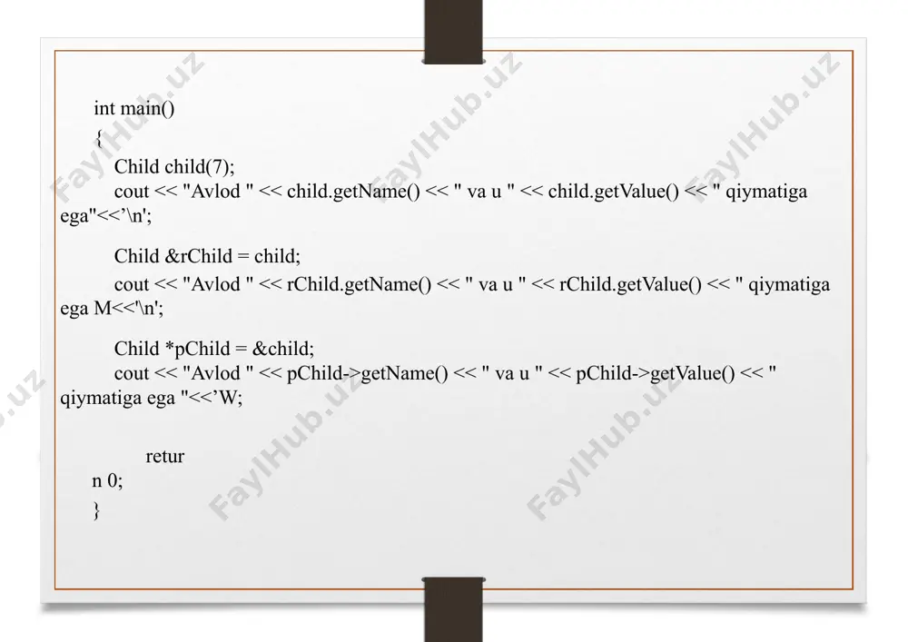 blic: dog(string name) : animal(name) { } virtual const char* speak() { return "woof"; } void report( animal &animal) { cout« animal.getname() « "" } int main() { cat cat(mmatrosm); dog dog(mbarsikm); report(cat); report(dog); } dastumi bajarish natijasi: matros miyav deydi barsik vuf deydi bu ishladi! animal.speak() ni qayta ishlashda kompilyator animal::speak() virtual funksiya ekanligini ko’radi. animal cat obyektining animal qismiga murojaat qilganda, kompilyator eng katta avlod speak() metodini topish uchun animal va cat o’rtasidagi barcha sinflardan o’tadi va u cat::speak() ni topadi. animal dog obyektining animal qismiga murojaat qilganda, kompilyator dog::speak() ni topadi. e’tibor bering, biz animal::getname() ni virtual funksiyaga aylantirmaganmiz. buning sababi, getname () hech qachon avlod sinflarida qayta aniqlanmaydi, shuning uchun bu shart emas. xuddi shunday hayvonlar massivi bilan quyidagi misolda: int main() { cat matros(”matros”), ivan(”ivan”), martun(”martun”); dog barsik(”barsik”), tolik(mtolikm), tyzik(mtyzikm); animal *animals[] = { &matros, &barsik, &ivan, &tolik, &martun, &tyzik}; for (int iii=0; iii getname() …