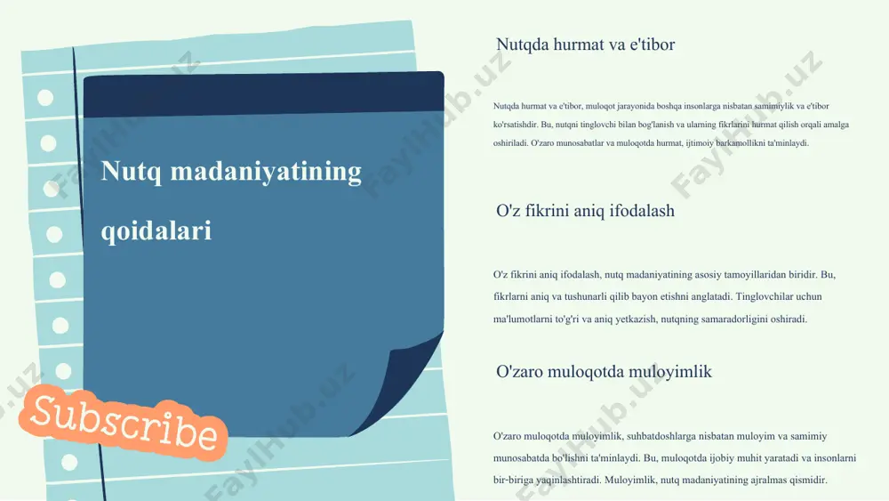 ish va natijada umuman olganda, jamiyatda nutq madaniyatining oshishiga olib kelishi kutilmoqda. ta'limda nutq madaniyatini rivojlantirish o'qituvchilar uchun metodik tavsiyalar: 1. o'quvchilarga nutq madaniyatining asosiy qoidalarini o'rgatish. 2. darslarda interaktiv usullarni qo'llash: munozaralar, rolli o'yinlar. 3. o'quvchilarning nutqini baholash va takomillashtirish uchun doimiy feedback berish. o'quvchilar uchun interaktiv mashg'ulotlar: 1. guruhda nutq madaniyati bo'yicha muhokama o'tkazish. 2. o'z nutqini yozish va uni sinfda taqdim etish. 3. o'zaro baholash orqali o'zaro fikr almashish. ta'limda nutq madaniyatini rivojlantirish photo by aleksei zaitcev on unsplash jamiyatda nutq madaniyatini rivojlantirish usullari ijtimoiy tadbirlar nutq madaniyatini oshirish maqsadida tashkil etiladigan ijtimoiy tadbirlar, seminarlar va treninglar orqali aholining nutq madaniyatini rivojlantirishga qaratilgan. ommaviy axborot vositalari roli ommaviy axborot vositalari, jumladan, televideniye va radio dasturlari, nutq madaniyatini oshirishda muhim rol o'ynaydi, axborot va ta'lim beruvchi dasturlar orqali. natijalar nutq madaniyatini rivojlantirishga qaratilgan tadbirlar natijasida aholining nutq madaniyati oshib, kommunikatsiya ko'nikmalari yaxshilanmoqda. nutq madaniyatining asosiy tamoyillari: samimiyat, so'z …