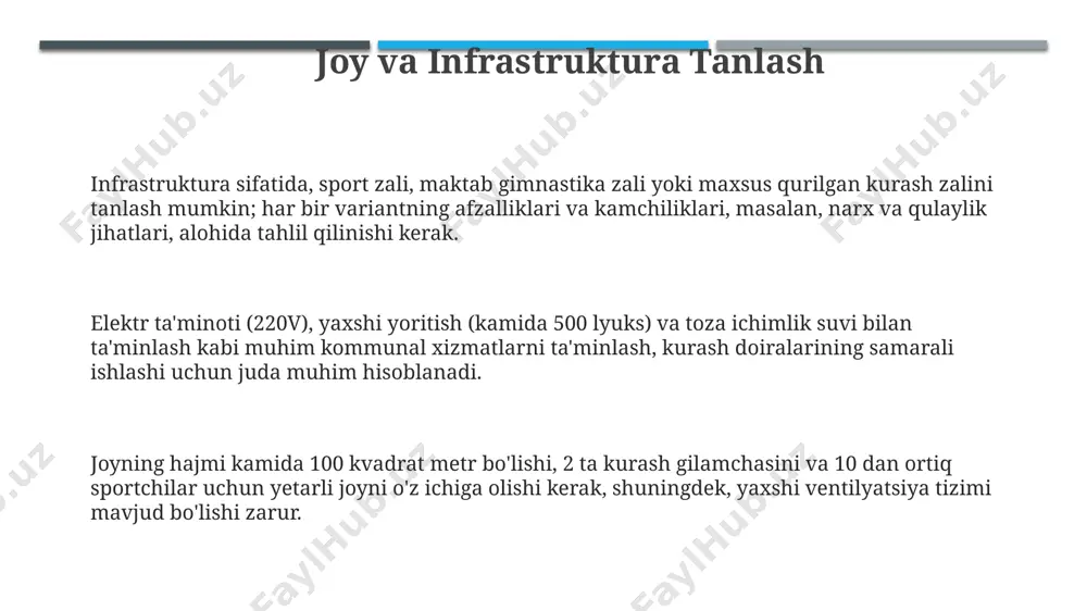 ng motivatsiyasini oshiradi. mashgʻulotlar jadvali haftasiga kamida 3 marta, har bir mashgʻulot 1,5-2 soat davom etadigan tarzda tuzilishi kerak, yosh guruhlarini hisobga olgan holda. qoidalar va reglamentlar kurash musobaqalarida ishtirok etish uchun vazn toifalari 6 ta bo‘lib, har bir toifada 8 dan 16 gacha kurashchi bo‘lishi mumkin. bunda, yosh toifasi va jinsiga qarab, qoidalar biroz farq qilishi mumkin. kurash doirasidagi intizom qoidalarini buzganlarga, qoidalar buzilish darajasiga qarab, og'zaki ogohlantirishdan tortib musobaqadan chetlatishgacha bo'lgan jazo choralar qo'llaniladi. jazo choralarida 1-3 ballgacha jarima qo'llanilishi mumkin. har bir kurash bahsida 2 ta hakam va 1 ta bosh hakam ishtirok etadi. hakamlar bahsni ob'ektiv baholashi va 10 balldan 5 ballgacha bo'lgan ballarni qo'yishi shart. kurash dairalarini rivojlantirish va kelajak rejalari malakali murabbiylar tayyorlash uchun 2024 yilda 15 nafar murabbiy uchun 3 oylik malaka oshirish kurslari o'tkazish va ularga zamonaviy uslublarni o'rgatish mo'ljallangan. kurash musobaqalarini o'tkazish uchun 2025 yilgacha 3 ta yangi sport zali qurib …