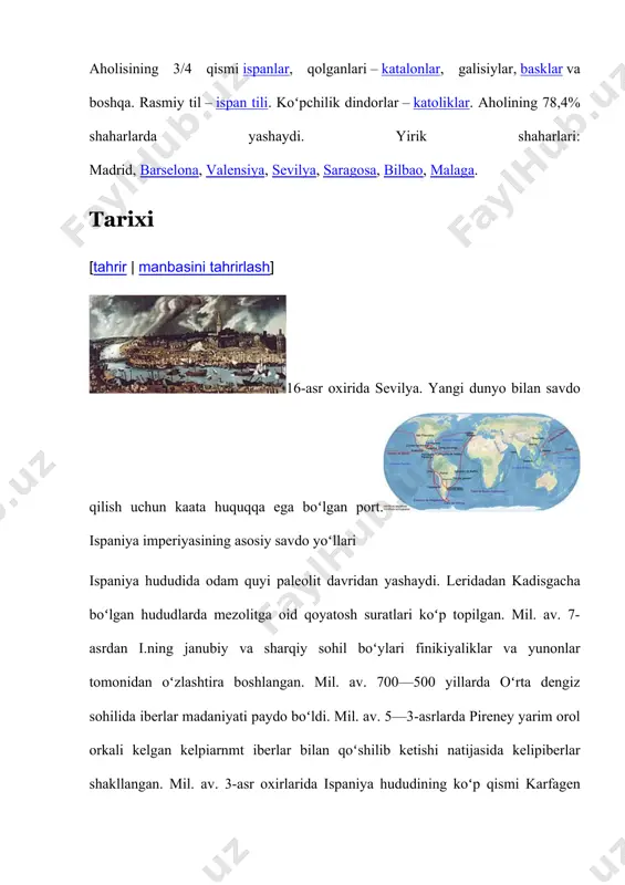 idan bostirildi. 1834—43 yillarda ishchilar qarakati avj oldi va utopik sotsializm goyalari tarqala boshladi. 1868-yil boshlangan inqilob natijasida respublika oʻrnatildi (1873). respublika tarafdorlari oʻrtasida hamjihatlik yoʻqligi oqibatida demokratik kuchlar magʻlubiyatga uchrab, burbonlar sulolasi qayta tiklandi (1874). ispaniya-amerika urushi (1898)da ispaniya magʻlubiyatga uchrab, kuba, puertoriko, guam va filippindan mahrum boʻldi, ispan monarxiyasi za-iflashdi. respublika tarafdorlari faollashdi va ishchilar harakati avj oldi.l-jahon urushi yillarida i. beta-raf turdi. 1921-yil ispan qoʻshinlari marokashda magʻlu-biyatga uchragach, monarxiya inqirozi yanada kuchaydi. choʻchib qolgan reaksiya 1923-yil sentabrda harbiy toʻntarish qilib, general m. primo de rivera harbiy hokimiyatini oʻrnatdi. 1931-yil 14-sentabrda boshlangan inqilob natijasida respublika eʼlon kilindi. 1936—39 yillardagi milliy-inqilobiy urushda demokratik kuchlar magʻlubiyatga uchrab, respublika agdarilgach, general f. frankoning fashist diktaturasi (1939—75) oʻrnatildi. respublika davri qonunlari bekor qilindi, fashistlarning i. falangasi deb atalgan partiyasidan tashkari barcha siyosiy partiyalar tarkatib yuborildi, inqilobchilar qatagʻonga uchradi, sinfiy kasaba uyushmalari tugatildi. yarim millionga yakin ispanlar chet elga qochdi. ikkinchi jahon urushida …