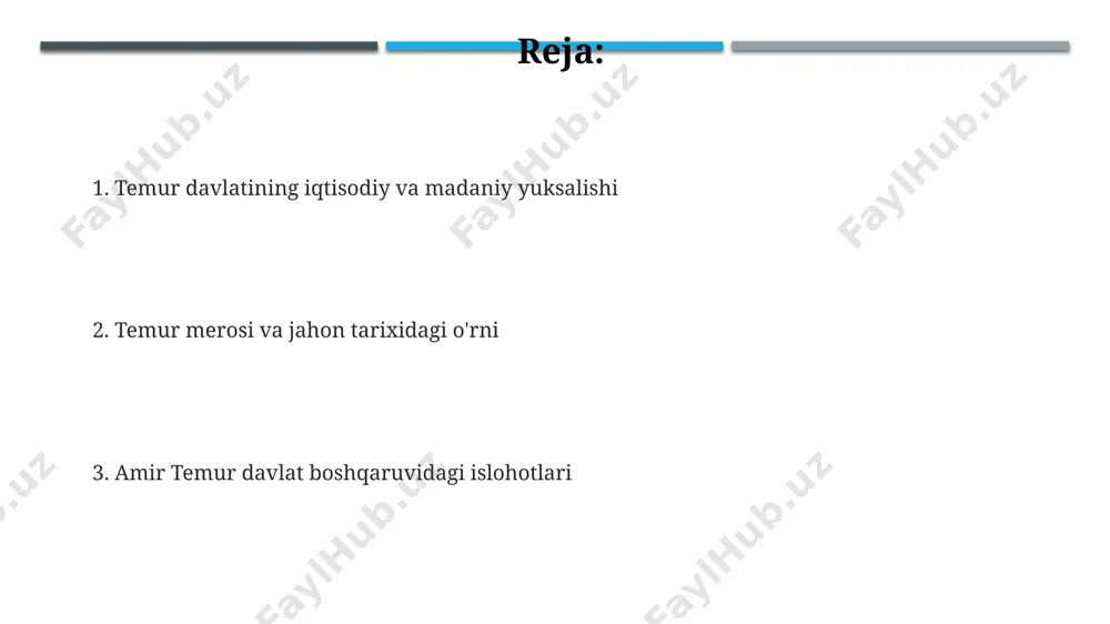 iqtisodiy siyosati temur imperiyasida 700 dan ortiq shahar va qishloqlar rivoj topdi, ko'plab karvon yo'llari qayta tiklandi va markazlashgan soliq tizimi joriy etildi, bu iqtisodiy o'sishga turtki bo'ldi. amir temur davrida 14-asr oxirida movarounnahr, xuroson va eronning katta qismini o'z ichiga olgan ulkan imperiya yaratilgan bo'lib, bu uning iqtisodiy siyosatining muvaffaqiyati bilan bog'liq edi. amir temurning hududiy kengayishi samarqandni markaziy osiyo savdo yo'llarining muhim markaziga aylantirdi, bu esa shaharning iqtisodiy kuchiga va jahon savdosiga katta hissa qo'shdi. temur merosi va uning jahon tarixidagi o'rni temurning jahon tarixidagi o'rni o'rta osiyoda 14-asr oxiri va 15-asr boshlarida yuz bergan siyosiy va iqtisodiy jarayonlarga ta'sirini, shuningdek, savdo yo'llarining rivojlanishiga uning hissasi bilan belgilanadi. temur merosi orqali yuzlab yillar davomida yozma manbalar, arxitektura yodgorliklari, masalan samarqanddagi registon maydoni va gur-e-amir maqbarasi kabi 100 dan ortiq inshootlar saqlanib qolgan. amir temur davlati 14-asrda markaziy osiyodan eron, hindiston va kavkazgacha bo'lgan keng hududlarni o'z ichiga olgan …