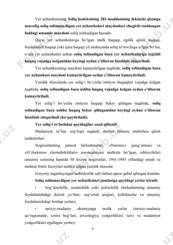 abrdagi “erkin iqtisodiy zonalar faoliyatini faollashtirish va kengaytirishga doir qo'shimcha chora-tadbirlar to'g'risida”gi pf-4853-son farmoni bilan: o'zbekiston respublikasi prezidentining 2014 yil 19 sentyabrdagi r-4351-sonli farmoyishiga muvofiq tashkil etilgan erkin iqtisodiy zonalar faoliyatini faollashtirishga qaratilgan chora-tadbirlarni tahlil qilish va ishlab chiqish komissiyasining erkin iqtisodiy zonalar hududida amalda qo'llanilayotgan soliq va bojxona rejimlarini birxillashtirildi. bunda, ushbu erkin iqtisodiy zonalar: er solig'i, daromad solig'i, yuridik shaxslar mulk solig'i, obodonlashtirish va ijtimoiy infratuzilmani rivojlantirish solig'i, mikrofirmalar va kichik korxonalar uchun yagona soliq to'lovi, shuningdek, respublika yo'l jamg'armasi va o'zbekiston respublikasi moliya vazirligi huzuridagi byudjetdan tashqari umumta'lim maktablari, kasb-hunar kollejlari, akademik litseylar va tibbiyot muassasalarini rekonstruktsiya qilish, kapital ta'mirlash va jihozlash jamg'armasiga majburiy ajratmalaridan ozod etilishi belgilandi; o'zbekiston respublikasi prezidenti farmoni asosida 2017-2021 yillar mobaynida viloyatlarda tashkil etiladigan erkin iqtisodiy zonalar yer solig‘i hisob-kitoblarini taqdim etish tartibi yer solig’i har bir soliq davrining 1 yanvariga bo’lgan holatga ko’ra hisoblab chiqariladi va yer solig’ining hisob-kitobi yer uchastkasi …