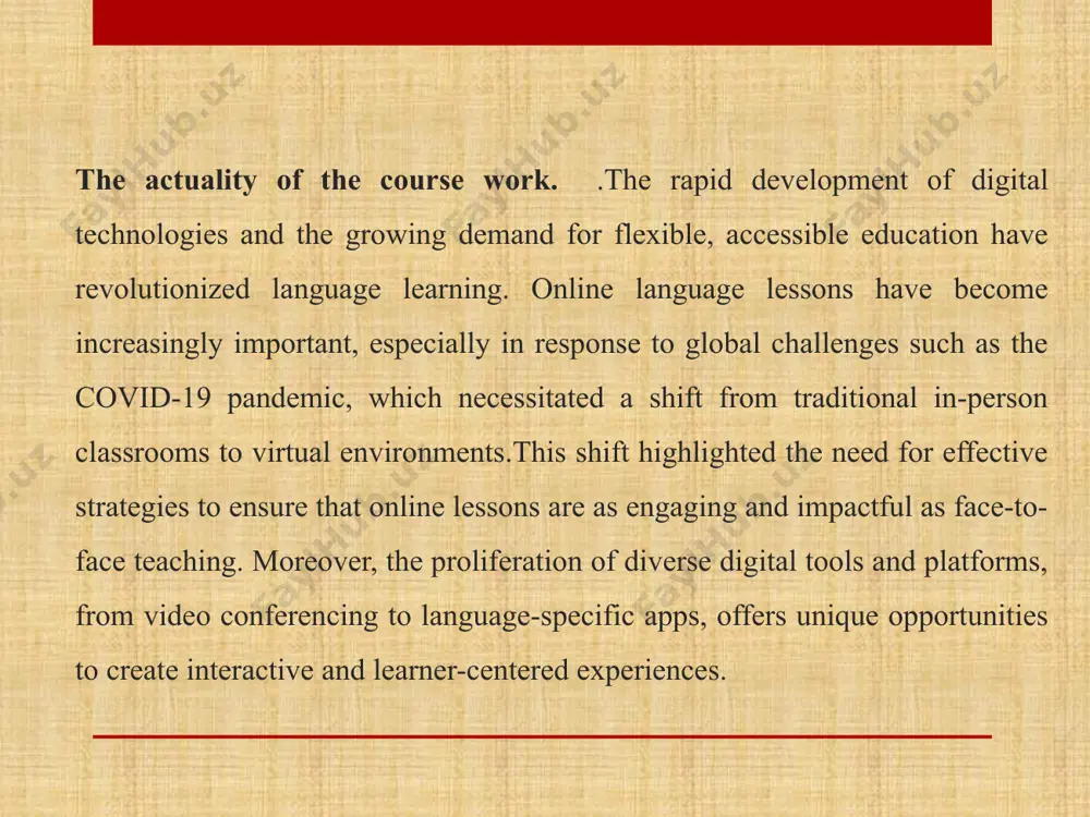 ollowing factors:global demand for online education: the covid-19 pandemic accelerated the transition to online learning, making it a necessity rather than an option. the methods of the course work. to achieve the objectives and tasks outlined in this course work, the following methods will be employed:theoretical analysis .reviewing and synthesizing existing literature on online language learning, pedagogical theories (e.g., vygotsky's theory of social interaction), and instructional design principles..examining case studies and research findings on the effectiveness of online language teaching methodologies..comparative analysis.comparing traditional and online language teaching approaches to identify unique challenges and advantages of the virtual environment. analyzing various online teaching platforms, tools, and technologies to evaluate their suitability for language education.observation and evaluationobserving sample online language lessons or analyzing recordings to identify best practices in lesson delivery and student engagement.evaluating the effectiveness of specific tools and strategies through qualitative and quantitative data from educational studies. the methods of …