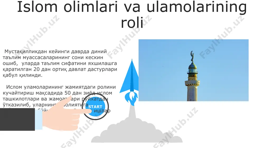 ni tayyorlash va attestatsiyadan o'tkazish mexanizmlarini belgilab berdi. diniy ekstremizmning oldini olish choralari davlat tomonidan moliyalashtiriladigan 30 ga yaqin diniy tashkilot faoliyati monitoring qilinadi va ularning ekstremizmga moyilligini bartaraf etish bo'yicha choralar ko'riladi. 2000-yillardan boshlab, diniy ekstremizmning oldini olish maqsadida 100 dan ortiq diniy ta'lim muassasasi litsenziyalangan va nazorat ostiga olingan. 06 05 04 turizm va diniy turizm 01 02 mamlakatdagi 200 dan ortiq masjid va ziyoratgohlarning turizm infratuzilmasi yaxshilanib, ziyoratchilar uchun qulay sharoitlar yaratilgan, bu diniy turizmning ommalashuvida muhim rol o‘ynadi. diniy turizmning rivojlanishi milliy merosimizni saqlash va targ‘ib qilishga, shuningdek, mamlakat iqtisodiyotining turli sohalariga, xususan, mehmonxona va transport xizmatlariga ijobiy ta'sir ko‘rsatdi. diniy tashkilotlarning ro'yxatdan o'tkazilishi va faoliyati 1991 yildan keyin diniy tashkilotlarni davlat ro'yxatidan o'tkazish tartibi joriy etilib, ularning faoliyatiga litsenziya berish tizimi o'rnatildi, bunda hukumat nazoratini kuchaytirishga qaratilgan. o'zbekistondagi 100 dan ortiq diniy tashkilot davlat ro'yxatidan o'tgan bo'lib, ularning faoliyatini monitoring qilish uchun maxsus organlar tashkil …