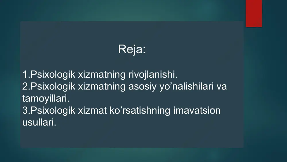 rlash va xulq-atvorni o'zgartirish. 2 virtual reallik terapiyasi qorquv va tashvishni engish uchun simulyatsiya qilingan muhitda. 3 onlayn psixologik maslahat osonlik bilan kirish mumkin bo'lgan psixologik yordam. 8 psixologik xizmat ko'rsatish sifatini baholash 1 mijozlarning qoniqish darajasi xizmatdan qoniqish va samara darajasi. 2 mutaxassislarning malakasi ta'lim, tajriba va etika qoidalariga rioya qilish. 3 xizmatning samaradorligi mijozning muammosi hal qilinishi va sog'lig'ining yaxshilanishi. 9 psixologik xizmatdan foydalanuvchilarning huquqlari va majburiyatlari 1 maxfiylik shaxsiy ma'lumotlarning himoyalanishi. 2 tanlov erkinligi psixologik xizmatni tanlash huquqi. 3 samarali yordam olish malakali psixologdan yordam olish. 10 xulosa va tavsiyalar psixologik xizmat insonlarning ruhiy salomatligi va farovonligini ta'minlashda muhim rol o'ynaydi. psixologik xizmatlar ko'rsatishning innovatsion usullarini joriy etish, mutaxassislarning malakasini oshirish va mijozlarning huquqlarini himoya qilish muhimdir. 11 image6.png image7.png image8.png image9.png image10.png image11.png image12.png image13.png image14.png image15.png image16.png image17.png image18.png image2.png image3.png image4.png image5.png