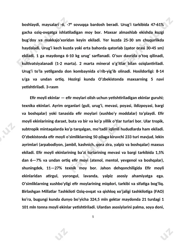 ining muhim manbaiga aylanib ulgurgan muhim qishloq xo‘jaligi ekinlaridan biri hisoblanib, statistik tahlillarga ko‘ra bugungi kunda dunyo bo‘yicha yetishtirilgan soyaning 85 foizi chorva ozuqasiga va qolgan 15 foizi bevosita inson isteʼmoli uchun yo‘naltiriladi. soya doni tarkibida katta miqdorda oqsil va moy mavjud, bundan tashqari mineral va vitaminlarga juda boy hisoblanadi. urug‘ining tarkibida 18-24% yog‘, 35-45% oqsil, 30% uglevod va 5% mineral, ko‘p miqdorda vitamin va aminokislotalar mavjud. bundan tashqari, chorvachilikda sifatli va to‘yimli ozuqa hisoblanib, 100 kg soya doni 134,8 ozuqa birligi saqlaydi. bu ko‘rsatkich boshqa bironta donli, dukkakli yoki moyli ekinlarda uchramaydi. eng muhimi soya yetishtirish yerning meliorativ holatini yaxshilash va tuproq unumdorligini oshirish xususiyatiga ega bo‘lib, almashlab ekishda muhim ahamiyat kasb etadi. dunyo bo‘yicha har yili o‘rtacha 334 mln tonna soya yetishtiriladi, shundan braziliya (114 mln tn), aqsh (97 mln tn) va argentinaning (55 mln tn) ulushi qariyib 80 foizni tashkil etadi. oxirgi yillarda soya doniga bo‘lgan talabning …