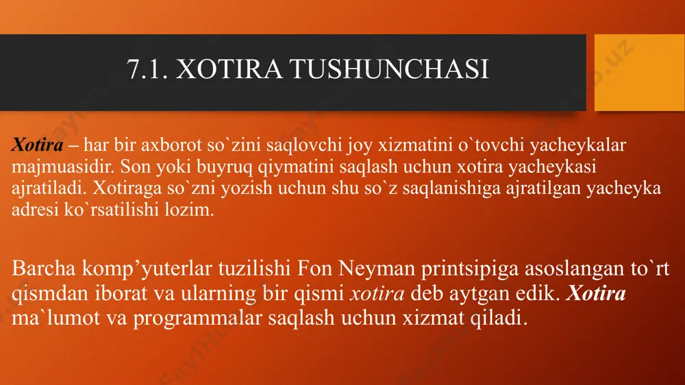 vaqtning o’zida parallel ravishda ham kesh-xotiraga, ham ax ga yoziladi. 80486 mp laridan boshlab mikroprocessorlar o’zining sozlangan xotirasiga (yoki 1-darajali kesh-xotiraga) ega, shu bilan, xususan, ularning yuqori unumdorligi kelib chiqadi. shuni inobatga olish kerakki, hamma mp larda 2-darajali qo’shimcha kesh-xotira ishlatilishi mumkin, u mp dan tashqarida bosh platada joylashtiriladi va sig’imi bir necha megabaytlargacha etishi mumkin. 7.4. asosiy xotira asosiy xotira (ax) o’z ichiga tezkor (ram - random access memory) va doimiy (rom - read only memory) eslab qolish qurilmalarini oladi. tez eslab qolish qurilmasi (teqq shk ishining joriy bosqichidagi hisoblash jarayonida bevosita qatnashayotgan axborotlarni (dasturlar va qiymatlar) saqlash uchun. mo’ljallangan. teqq - energiyam bog’liq xotira: kuchlanish uzilganda unda saqlanayotgan ma’lumot yo’qoladi. teqq, asosini yarim o’tkazgichli eslab qolish elementlarining (triggerlarni) matricasini o’z ichiga olgan katta integral sxemalar tashkil etadi. eslab qoluvchi elementlar matricaning vertikal va gorizontal shinalarining kesishishida joylashgan; ma’lumotlarni yozish va o’qish tanlangan xotira yacheykasiga tegishli bo’lgan elementlar bilan …