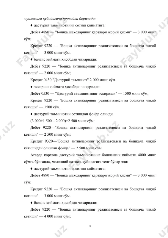 ттирилади, 9220-«бошқа активларнинг чиқиб кетиши» счёти дебети бўйича сальдо (зарар) жорий ҳисобот даврида 9430-«бошқа операцион харажатлар» счётига. кредити бўйича сальдо (фойда) эса 9320-«бошқа активларнинг чиқиб кетишидан олинган фойда» счётига ҳисобдан чиқарилади. номоддий активларнинг сотилиши муносабати билан чиқиб кетиши дебет кредит номодций активларнинг бошланғич қийматини ҳисобдан чиқариш 9220-«бошқа активларнинг чиқиб кетиши» 0400-«номоддий активлар» ҳисобланган эскиришни ҳисобдан чиқариш 0500-«номоддий активларнинг эскириши» 9220-«бошқа активларнинг чиқиб кетиши» номодций активларнинг сотилишидан олинациган туихумни акс эттириш 4010-«харидорлар ва буюртмачилардан олинадиган счётлар» 9220-«бошқа активларнинг чиқиб кетиши» чиқиб кетаётган номоддий активлар объектини қўшимча баҳолаш сальдосини ҳиеобдан чиқариш акс эттирилади 8510-«қайта баҳолаш бўйича тузатишлар» 9220-«бошқа активларнинг чиқиб кетиши» ққсни акс эттириш 9220-«бошқа активларнинг чиқиб кетиши» 6410-«бюджетга тўловлар бўйича қарз (турлари бўйича)» номодций активларнинг сотилишидан кўрилган зарарни акс эттириш 9430-«бошқа операцион харажатлар» 9220-«бошқа активларнинг чиқиб кетиши» номодций активларнинг сотилишидан олинган фойдани акс эттириш 9220-«бошқа активларнинг чиҳиб кетиши» 9320-«бошқа активларнинг чиқиб кетишидан олинган фойда» номодций активларнинг чиқиб кетишидан молиявий натижа (фойда …