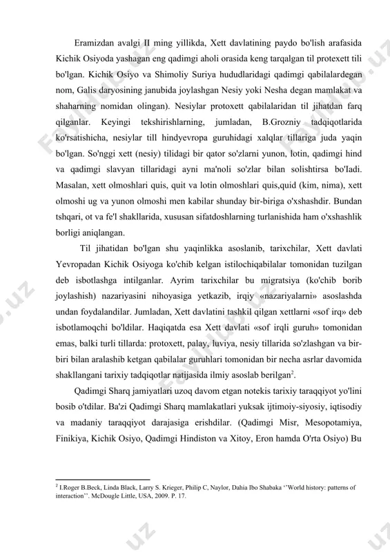 zilgan deb isbotlashga intilganlar. ayrim tarixchilar bu migratsiya (ko'chib borib joylashish) nazariyasini nihoyasiga yetkazib, irqiy «nazariyalarni» asoslashda undan foydalandilar. jumladan, xett davlatini tashkil qilgan xettlarni «sof irq» deb isbotlamoqchi bo'ldilar. haqiqatda esa xett davlati «sof irqli guruh» tomonidan emas, balki turli tillarda: protoxett, palay, luviya, nesiy tillarida so'zlashgan va bir-biri bilan aralashib ketgan qabilalar guruhlari tomonidan bir necha asrlar davomida shakllangani tarixiy tadqiqotlar natijasida ilmiy asoslab berilgan . qadimgi sharq jamiyatlari uzoq davom etgan notekis tarixiy taraqqiyot yo'lini bosib o'tdilar. ba'zi qadimgi sharq mamlakatlari yuksak ijtimoiy-siyosiy, iqtisodiy va madaniy taraqqiyot darajasiga erishdilar. (qadimgi misr, mesopotamiya, finikiya, kichik osiyo, qadimgi hindiston va xitoy, eron hamda o'rta osiyo) bu hududlarda yuksak rivojlangan madaniy, iqtisodiy va siyosiy markazlar shakllandi hamda qo'shni mamlakatjarga o'z ta'sirini o'tkazdi. er. av. iv—iii ming yilliklarda qadimgi sharqning turli sivilizatsiya markazlari (misr, mesopotamiya, hindiston) nisbatan yopiq rivojlandi. er. av. ii ming yillikning o'rtalaridan yaqin sharqning turli hududlari o'rtasida iqtisodiy, …