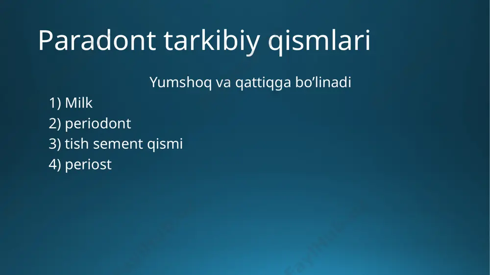iligi klinikasi 1) yumshoq tish karashlari va milk usti tish toshlarini borligi. 2) yod musbat reaksiyasi (glikogen yigilib qoladi) shiller pisarov sinamasi 3) milk qonashi 4) rengenogrammada tishlar aro to’siqlarning destriksiyasi o’zgarmaganligi. 5) milk yuzasi silliq 6) yaltiroq 7) shishgan 8)zondlaganda qonayd shikoyati milk qonashi og’riq og’izdan nohush hidi kelishi og’izdan disfunksiyasi darajasi shiller pisarov rmaindeks 1) darajasi 30% 2) 30-60% 3) 60% dan yuqori gipertrofik (kop oziqalanish) gengivit darajasi yengil (dan tishni bir qismini qoplaydi) 3dan 1qismi o’rta (tishni yarmini qoplaydi) 3 dan 2 qismi og’ir (tishni 3,3 qismini qoplaydi) fibramatoz gipertrofik gengivit etiologiyasi ortodontik apparatlar garmonalniy (o’smirlar (yuvinil), homilardorlar gengiviti) doimiy travma nato’g’ri preztash ortopodek plombalash psikusdagi mammolar (chuqur, ochiq, kesishgan) anamalniy tishlar joylashuvi (ratatsion, tishlarni jich joylashuvi) gipertrofik gengivit turlari shishli fibrozli gipertrofik gengivit difdiagnostikasi shishgan fibrozli gipertrofik davolash 1 etab og’iz bo’shligi sanatsiyasi bakteriostatik dorilar antiseptiklar (furatsili, laraben, romashka) yallig’lanishga qarshi dorilar (metragil denta, holisal gel) …