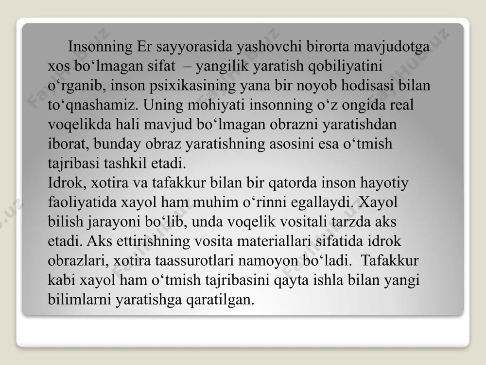 idan kamroq ahamiyatga ega emas. ijodkorlik psixologiyasi uning aniq turlari: kashfiyotchilik, ilmiy, adabiy, badiiy va boshqalarda namoyon bo‘ladi. ijodkorlik imkoniyati inson qobiliyatlari bilan mustahkamlangan bilimlari bilan ta’minlanadi, va insonning sobitqadamligi bilan rag‘batlantiriladi. ijodkorlikning muhim sharti ijodiy faoliyatga emotsional tus beruvchi ma’lum kechinmalarning mavjudligi hisoblanadi. e’tiboringiz uchun rahmat image2.jpg image3.jpg image4.png