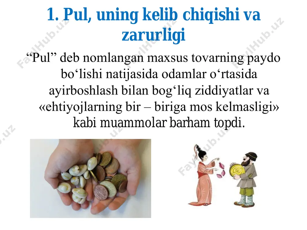 lgan. qiymatning oddiy shaklida ishlab chiqarish hajmining pastligi, yaratuvchi va oluvchining manfaatlari doimo ham bir – biriga mos kelmagan ayirboshlash jarayonida ma’lum tovarlargina ishtirok etgan. 2. qiymatning kengaytirilgan shakli. qiymatning kengaytirilgan shakli jamiyatda mehnat taqsimotining vujudga kelish davri bilan bevosita bog‘liq bo‘lib, ushbu davrda, kishilar o‘rtasida ayirboshlash munosabatlari rivojlandi. endi kishilar mahsulotning asosiy qismini ayirboshlash uchun ishlab chiqara boshladi. 3. qiymatning umumiy shakli. bu sharoitda umumekvivalent sifatida e’tirof etilgan tovarlar eramizdan oldingi v – iv asrlarga qadar pul vazifasini bajardi. qiymatning umumiy shakli davrida, ishlab chiqarish kengaydi va uning asosiy maqsadi barcha uchun zarur bo‘lgan tovarni o‘zlashtirishga qaratildi. 4. qiymatning pul shakli. ayirboshlash munosabatlarining rivojlanishi, jahon bozorining vujudga kelishi, kumush va oltinning barcha tovarlar ichidan umumekvivalent vosita sifatida ajralib chiqishiga olib keldi. ushbu metallarning tabiiy xossasi (yagona jismligi, qiymatining o‘zgarmasligi, sifatining buzilmasligi) uzoq davr jamiyatda pul vazifasini bajarishiga xizmat qildi. 5. qiymatning qog‘oz – pul shakli. dastlabki qog‘oz pullarni muomalaga …