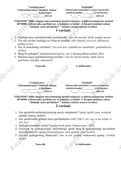 quduqli nasos qurilmalari nazorat savollari — DOCX