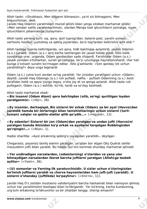 di. ayollar orasida so’fiylikning tamal toshini qo’ygan robi’a al-adaviyya, imom ja’fari sodiqning kelini, olima va avliyo sayyida nafisa, nishopurlik yirik so’fiy olima fotima, xotirasiga agradagi “toj mahal” obidasi tiklangan malika mumtoz mahal, siyosat, ilm-fanlar bobida javlon urgan yuzlab, minglab ayollarning shijoati, zakovati, taqvosi kimlarni lol qoldirmagan, deysiz? shu o’rinda ulug’ so’fiy ayol, buyuk taqvo egasi basralik robia al-adaviyya bilan bog’liq bir rivoyatni keltirsam: “bir kuni bir ulug’ kishi robia oldiga kelib, uni sinamoq uchun shunday dedi: “yo robia, buncha ulug’lanmasang! axir ayolsan, hargiz ayol zotiga payg’ambarlik kelmadi. barcha fazilatlar erkaklarga kelibdi. payg’ambarlik tojini erlar, eranlar boshiga qo’ydilar va kamarini ularning bellariga bog’ladilar”. robia aytdi: “bu aytganlaring to’g’ridir. ammo “menlik” da’vosi ham hargiz ayoldan kelmadi. “va ana robbikum ul a’la” da’vosi erdan keldi. (fir’avn shunday degandi, ya’ni: “men sizning yuksak robbingizman”.) hech bir ayol muxannaslik nomini taqmadi. muxannaslik va manmanlik–kibr erdadir”. bunga qo’shimcha qilib, mavlono jomiyning yana bir hikmatga to’la so’zlarini …