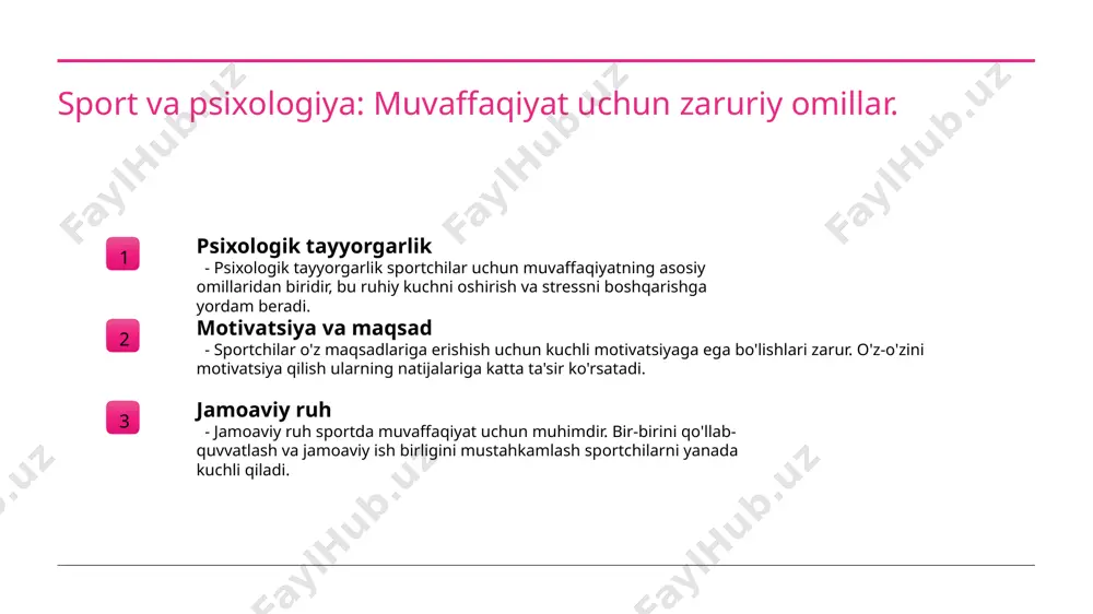 uhiy salomatlikni qo'llab-quvvatlaydi. birgalikdagi yutuqlar, motivatsiyani oshiradi va natijalarni yaxshilaydi. xulosa sport faoliyatining ahamiyati sport faoliyatining psixologik ahamiyati, sportchilarni ruhiy jihatdan rivojlantirish va muvaffaqiyatga erishishda muhim rol o'ynaydi. psixodiagnostika usullari psixodiagnostika metodlari sportchilarning ruhiy holatini aniqlash va ularni rivojlantirishda asosiy vosita sifatida xizmat qiladi, samaradorlikni oshiradi. ruhiy salomatlik va natijalar o'zbek sportchilarning ruhiy salomatligi natijalarga sezilarli ta'sir ko'rsatadi, bu esa muvaffaqiyat uchun zaruriy shartdir. foydalanilgan adabiyotlar 1. saidov a. psixologik sport faoliyati: nazariya va amaliyot. o'zbekiston respublikasi fanlar akademiyasi, 2022 2. karimov i. sport psixologiyasi va uning psixodiagnostikasi. o'zbekiston milliy universiteti, 2021 3. tursunov s. o'zbek sport madaniyatida ruhiy salomatlikni ta'minlash usullari. o'zbekiston sport tibbiyati jurnali, 2023 4. maxmudov a. sport faoliyatining psixologik ahamiyati: nazariy va amaliy jihatlar. o'zbek psixologiya jurnali, 2023 5. yusupov m. psixodiagnostika metodlari va ularning sport faoliyatida qo'llanilishi. o'zbekiston respublikasi yoshlar akademiyasi, 2022 e'tiboringiz uchun rahmat! /docprops/thumbnail.jpeg