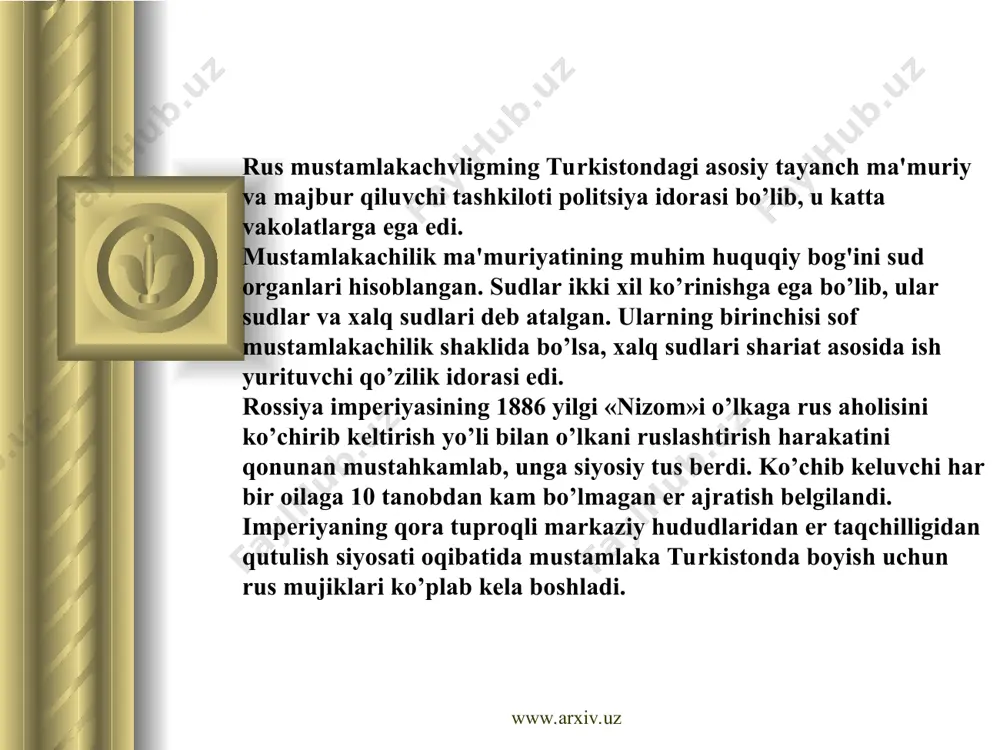 r. www.arxiv.uz www.arxiv.uz www.arxiv.uz www.arxiv.uz 1892 yilning yozida turkiston markazi toshkentda rus mustamlakachilarini talvasaga solgan va tarixga «vabo isyoni» yoki «toshotar voqeasi» sifatida kirgan qo’zg'olon bo’ldi. lyun oyida toshkentda vabo tarqaldi. shahar ma'muriyati shoshilinch choralar ko’rdi. vabo kasali bilan o’lganlarni shahar ichkarisidagi 12 ta qabristonga ko’mish man etildi, shahar tashqarisida 4 ta yangi qabriston ochiladi, deb e'lon qilindi. shahardan chiqish va kirish nazorat ostiga olindi. shaharda vabo kasaliga chalinganlar yo’q qilinar ekan, degan mish-mishlar tarqaldi. mustamlaka ma'muriyati tibbiyot nuqtai nazardan tog'ri bo’lgan bu tadbirlar haqida aholi o’rtasida tushuntirish ishlari olib bormadi, musulmonchilik odatlari, marosim, qonun-qoidalarini hisobga olmadi. va'da qilingan 4 ta yangi qabriston o’rniga faqat bittasi ochildi. boshqa kasallik bilan o’lganlarni shahar ichkarisidagi qabristonlarga ko’mish ishlarini rasmiylashtirish ham cho’zilib ketdi. odamlar noiloj vafot etganlarni eski qabristonlarga olib borib ko’mishga majbur bo’ldi. politsiya bundaylarni topib hibsga ola boshladi. qabristonni ochib, olganlarning ruhi haqorat qilindi. shaharning taniqli kishilaridan hisoblanmish aziziyor eshon, abdulqosim …