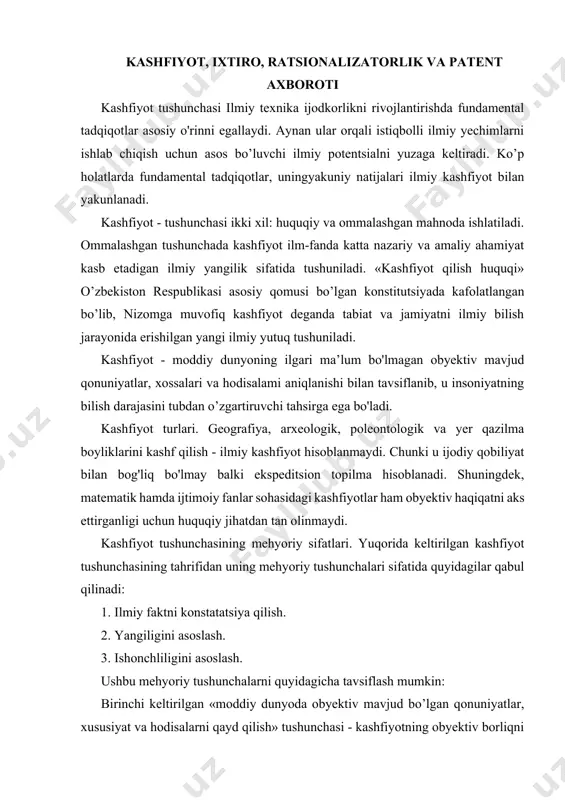 paytirish bo’yicha qilgan kashfiyotlari xalq xo’jaligida amaliy ahamiyatga ega bo'lgan ko’p ixtirolami yaratishga sabab bo'ldi. ilmiy-texnik hamda pedagogik-psixologik adabiyotlarda ixtirochilik hamda ixtirochilik ijodkorligiga ko’plab tahriflar keltirilgan. jumladan, i.i.kichkin ixtirochilikni ilmiy g’oyalarining texnik yechimlarga ijodiy tatbiqi, ilmiy texnika taraqqiyoti surhatlarini belgilovchi asosiy ko'rsatkich, yangi texnika va texnologiyalar yaratilishining mezoni hamda uning yuqori ilmiy-texnik darajasini ta'minlovchi omili deb hisoblaydi. m.a.vachevskiy "ixtiro qilish”ni "qo’yilgan masalani yechish achun eskilaridan tubdan farq qiluvchi, odatdagi mantiqiy fikrlash yo’li bilan yetishib bo’lmaydigan yangi samarali texnik yechimni taklif qilish" deb tahriflaydi. bizning fikrimizcha, ixtirochilikni tegishli idoralar tomonidan patentlar bilan tasdiqlanadigan yangi texnik yechimni ishlab chiqishga yo’naltirilgan ijodiy faoliyat turi, ixtirochilik ijodkorligini esa bu jarayonning shaxsdagi zehnlilik, topqirlik, mustaqil va tanqidiy fikrlash kabi ijodkorlik sifatlari bilan bog’liq umumiy tavsifi deyish mumkin. kashfiyot va ixtirolarning ilmiy-texnik taraqqiyotga tahsiri. ixtironi tan olish uchun u oldingilaridan texnik yechimlari, ijobiy samarasi, tuzilishidagi yangiligi bilan farqlanishi kerak. ixtiro obyektiv bo’lishi mumkin: yangi qurilma, yangi …