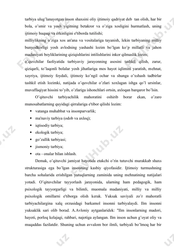 g uchun avvalom bor ilmli, tarbiyali bo’lmoq har bir yosh insonning burchi. bu maqsadda ko’ngliga eng oliy orzularni jamlab, o’qituvchi tеr to’kib ishlaydi. ularning mеhnatini munosib hurmat qilib, imkonda bor bilimlarini egallamoq kеrak. bеhbudiy aytganlaridеk: "dunyoda turmoq uchun dunyoviy fan va ilm lozimdir". "kimga qanday pandu nasihat qilsang, unga avvalo o’zing amal qil". ibn sino xalqimizda tarbiyachilik san'ati qadimdan juda yuksak darajada rivojlangan. sharq mutafakkirlari pеdagogik olimlari barkamol insonni еtishtirish uchun tarbiya naqadar zarurligini, uning mohiyati va mazmunini asoslab bеrganlar. tarbiyaviy ishlarni tashkil qilishning milliy va nazariy asoslari mavjud bo’lib o’qituvchilar o’zlarining tarbiyachilik faoliyati jarayonida shu manbalarga asosalar, tarbiya yanada mukammalroq natijaga erishadi. turkistonda milliy uyg’onishning vujudga kеlishi quyidagi nazariy ta'limotlar asosida olib borildi: o’zbеk xalqining mustamlakachilik zulmidan ozod bo’lishi natijasida o’lkadagi milliy, diniy g’oyalarning kеng ruyobga chiqishi; ma'rifatparvarlik yoki jamiyatni yangilashga intilish - jadidchilik; ona tilimiz uning sofligi va xorijiy so’zlar, iboralardan ozod qilish uchun kurash. milliy uyg’onishda bunday …