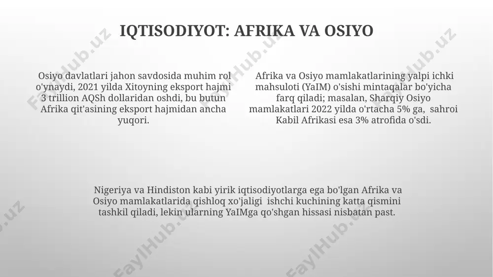 irdan janubdagi afrika mamlakatlarining 30% ga yaqini mobil to'lov tizimlaridan foydalanish bo'yicha dunyoda yetakchi hisoblanadi, bu esa keniya va tanzaniyada millionlab odamlarga qulaylik yaratmoqda. mening fikrimcha, afrika mamlakatlarining 50% dan ortig'i 2023-yilda o'rtacha yillik yalpi ichki mahsulot o'sish sur'atini 5% dan yuqori ko'rsatdi, masalan, ruanda va kot-d'ivuar kabi mamlakatlar. mening fikrimcha osiyo mamlakatlari osiyo mamlakatlarining ko'pchiligi, jumladan, hindiston va xitoy kabi aholi zichligi yuqori bo'lgan davlatlar, 1 milliarddan ortiq aholini o'z ichiga oladi, bu esa global miqyosda katta ta'sirga ega. mening fikrimcha, osiyo mamlakatlari, xususan, janubi-sharqiy osiyo davlatlari, masalan, vetnam va filippin, 2023-yil holatiga ko'ra, o'rtacha 7% ga yaqin yuqori iqtisodiy o'sish sur'atlarini namoyish etmoqda. markaziy osiyo davlatlari, masalan, qozog'iston va o'zbekiston, 500 milliard dollardan ortiq yalpi ichki mahsulot (yaim) ko'rsatkichiga ega bo'lib, mintaqada muhim iqtisodiy o'yinchi hisoblanadi. madaniyat: afrika va osiyo afrika va osiyodagi 20 dan ortiq mamlakatlarning madaniy merosi, jumladan, misr piramidalaridan hindistonning tax mahaliga qadar bo'lgan noyob …