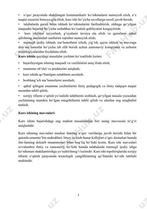 ozim. kurs ishining mavzusiga bo‘lgan asosiy talablardan biri bu uning yaxlit majmuali bo‘lishidir, yaʼni bir qator o‘zaro bog‘liq bo‘lgan masalalarni birgalikda yechishga bag‘ishlanganligidadir. kurs ishlari mavzularining tarkibi xorijiy tillarni o‘qitish tizimiining amaliy masalalari, talabalar malakaviy amaliyotlarining natijalari, talabalar to‘garaklarining ilmiy ishlari , yurtimizdagi va xorijiy mamlakatlardagi ilm-fan va texnika yutuqlarini aks ettirgan adabiyotlar asosida tuzilishi lozim. talabalarga kurs ishlarining mavzularini tanlash huquqi beriladi. bitiruv kursida bajariladigan kurs ishlari bitiruv malakaviy ishi mavzusi bilan bog‘langan bo‘lishi, kurs ishi malakaviy (bitiruv oldi) amaliyotida qo‘llangan maʼlumotlar asosida bajarilishi lozim. kurs ishida ishning nomi, uning hajmi va mazmunini ifodalovchi tafsilotlar yaqqol belgilanishi lozim. har bir topshiriq ilmiy va uslubiy jihatdan sinchkovlik bilan ishlab chiqilgan bo‘lib, talabaning tayyorgarlik darajasiga va kurs ishini tuzatish uchun ajratilgan vaqtga muvofiq kelishi lozim. topshiriq maxsus blankalarda rasmiylashtirilishi va maʼlumotnoma va boshlang‘ich maʼlumotlar bilan taʼminlanishi lozim. (1- ilova) 3. kurs ishida amalga oshirilishi kerak bo‘lgan ishlar 1. kafedraning asosiy vazifalari …